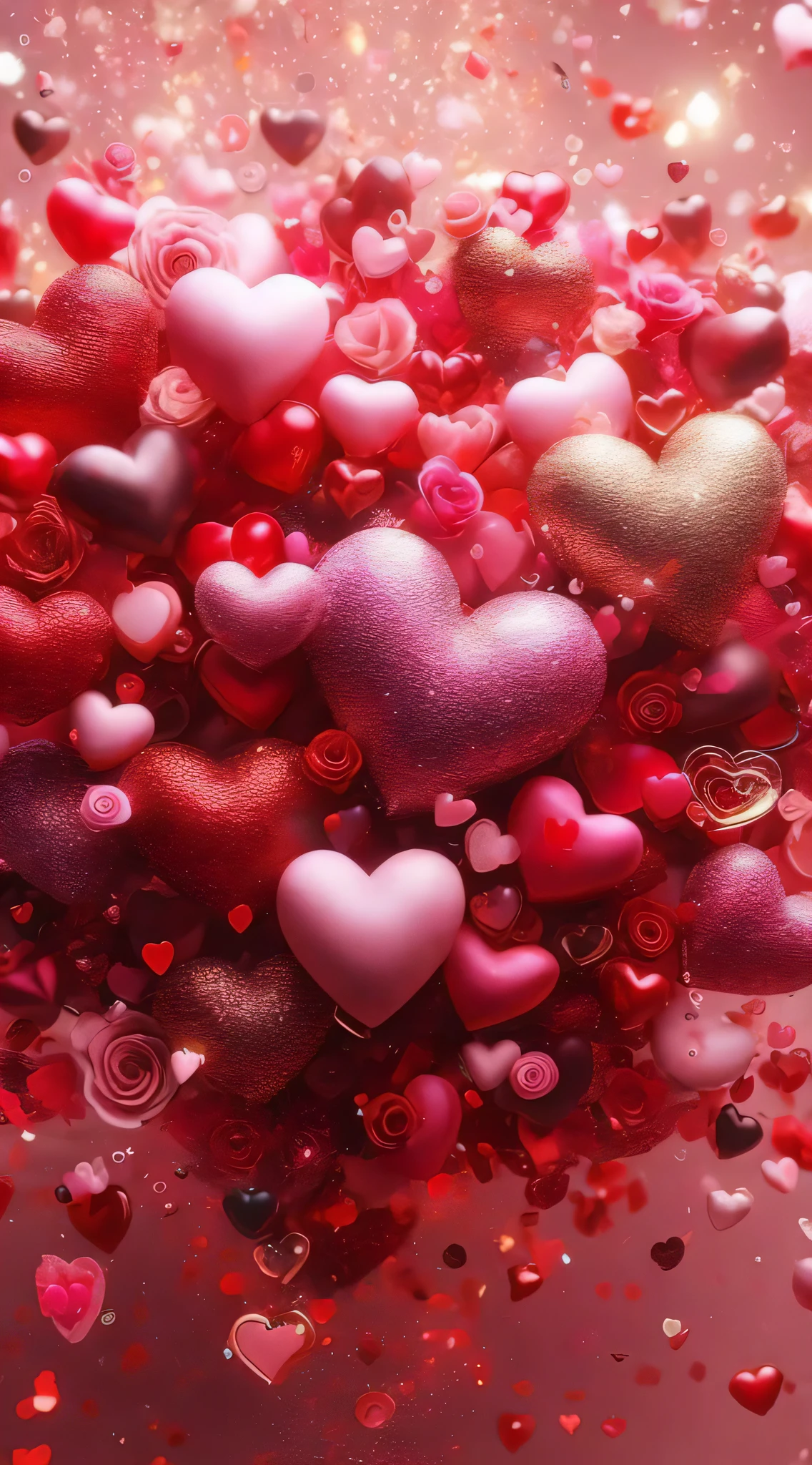 a close up of a bunch of hearts on a table, many hearts, red hearts, hearts, several hearts, pink and red colors, falling hearts, by Valentine Hugo, pink hearts in the background, heart effects, lovely, pink and red color scheme, unknown artist, beautiful art, ❤🔥🍄🌪, gorgeous art, artist unknown