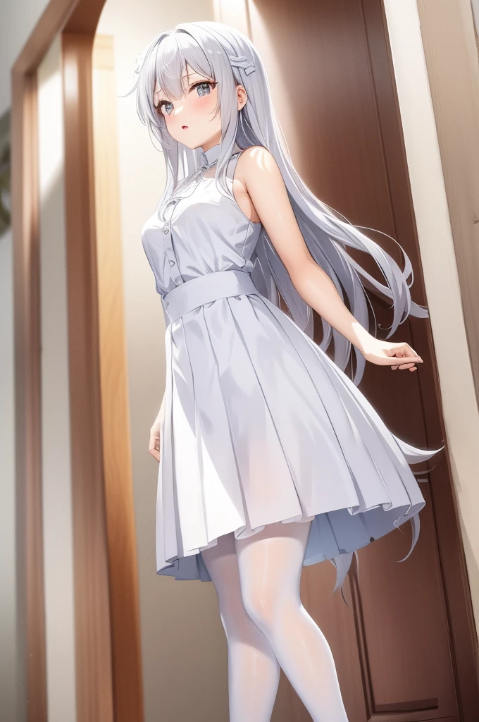 Anime-style image：A woman in a short skirt stands in front of the door, loli in dress, Cute anime waifu wearing beautiful clothes, small curvaceous loli, White dress!! Silver-haired, finely detailled. Girl Front, Anime visuals of a cute girl, Highly detailed official artwork, smooth anime cg art, fleet style, from Girl Front，Wearing white pantyhose