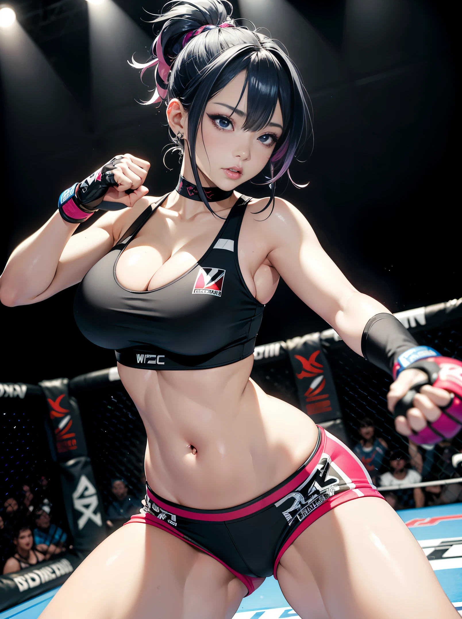 PERFECT MASTERPIECE, EXTREMELY DETAILED CG UNITY 32K UHD QUALITY RESOLUTION WALLPAPER, PHOTOREALISTIC, RAW PHOTO, PERFECT PHOTOGENIC CLARITY, OFFICIAL ART, AWARD-WINNING PORTRAIT, ULTRA HYPER-REALISTIC, ULTRA HYPER-DETAILED, SHINY REALISTIC SKIN, ADVANCED RAY TRACING, CINEMATIC LIGHTING, PERFECT COMPOSITION, The most beautiful and sexy MMA fighter girl, short blue hair in a shaved mohawk hairstyle, vibrant moonlight eyes, long detailed eyelashes, blushing, full pouting pink, small cut and bruise on her face, curvy body type, full hips, super huge enormously gigantic tits, cleavage showing, gigantic tits bursting out of her outfit, tons of tattoos and piercings, (wearing detailed athletic sports bra athletic shorts and MMA fighting gloves:1.3), arching her back in a sexy seductive slutty pose, looking at the viewer, close up pov camera view from below, sexy seductive slutty facial expression, MMA cage match arena background