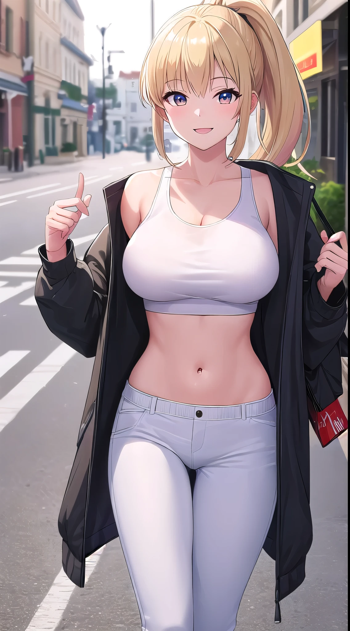 (best quality:1.5, highres, UHD, 4K, detailed lighting, shaders, HDR), blonde long ponytail, large breasts, tanktop, crop top, open parka, white pants, standing, smiling, street background