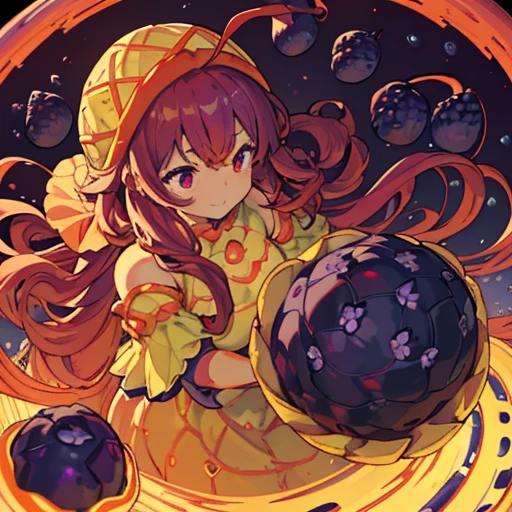 A heavily armored oversized Afro girl in vegetable cake armor who serves an oversized vegetable.、Amazing dynamism、Amazing Angle、Unstable buoyancy sandstorm、((((Many friendly red vegetables are closely floating and chasing each other.))))、((surround each other'large lemon))、(((Blueberries are scattered in a spiral pattern)))、
