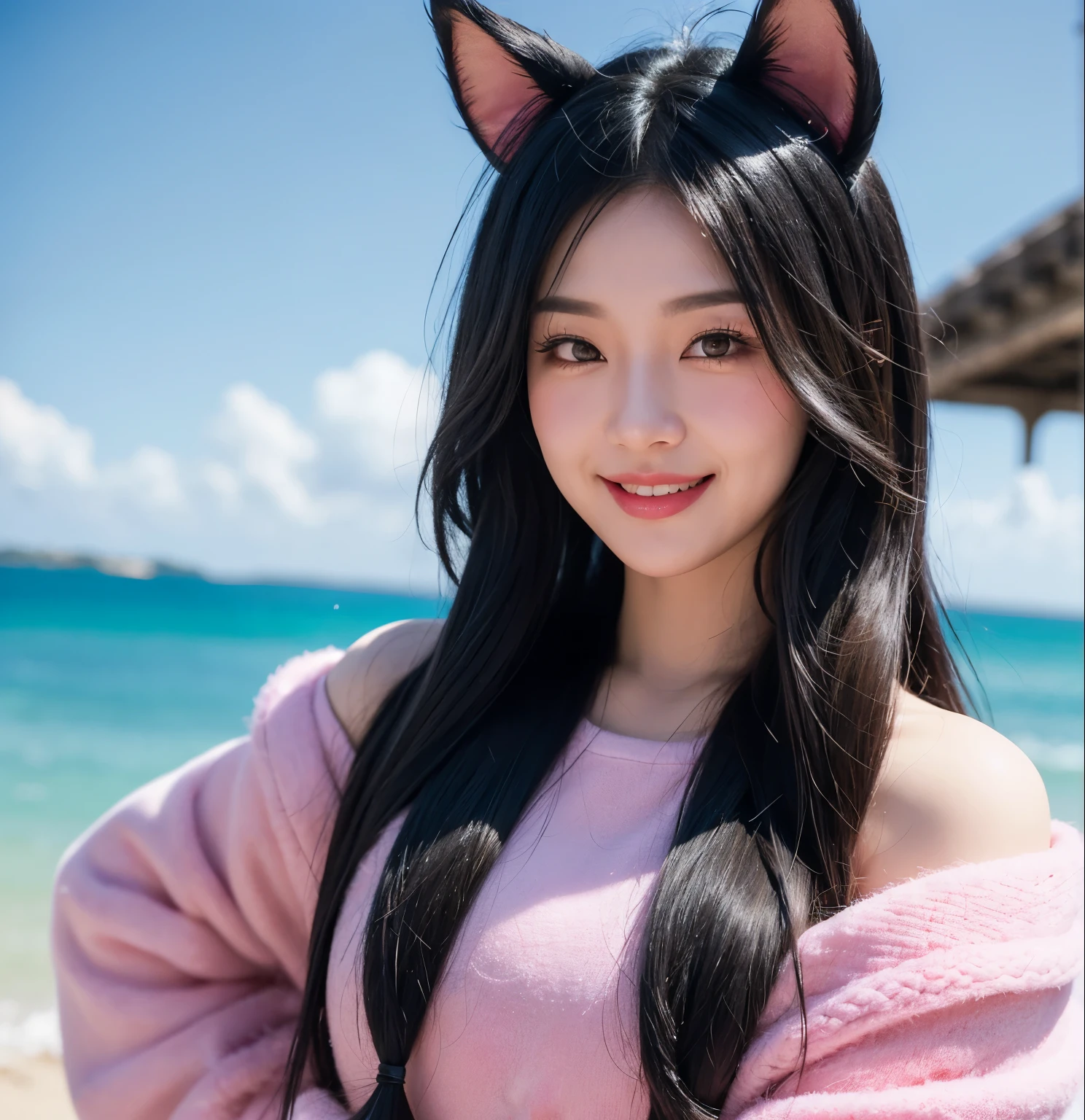 black hair, hair bobbles, wince, longeyelashes, solid circle eyes, fake animal ears, light smile, ear blush, fang, Surrealism, drop shadow, anaglyph, stereogram, tachi-e, pov, atmospheric perspective, 8k, super detail, ccurate, best quality