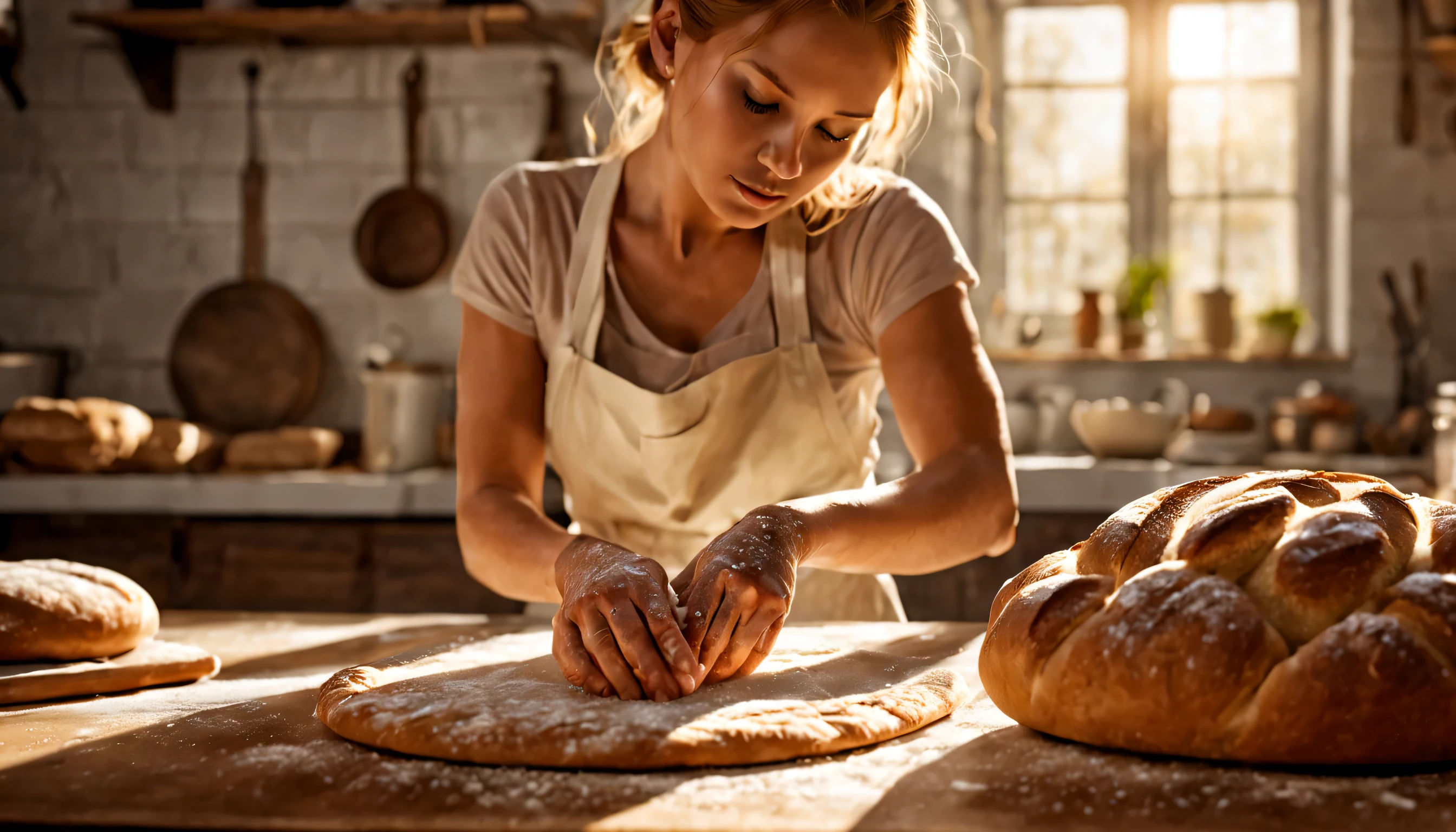 Sun-Kissed Baker: A woman with flour-dusted hands and auburn braids kneads dough in a sunlit kitchen, golden rays highlighting the delicate veins on her forearms and the intricate details of the bread's texture. (Masterpiece, RAW photo, realistic, detailed, best HD detailed, High quality, 32k, Warm natural light, close-up on hands and dough, rustic kitchen setting)