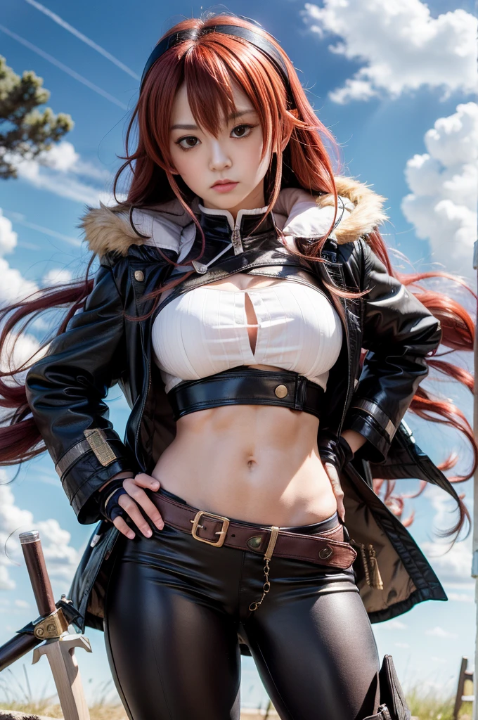 Huntress girl holding a rifle in snow battle pose,oriental,Blade and Soul,ink style,long red hair,leather and fur coat,Cold,Artwork,3D,4K,Detailed,Realistic, deep cleavage