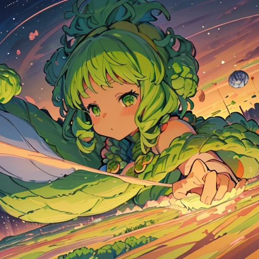 A heavily armored oversized Afro girl in vegetable cake armor serving oversized summer vegetables.、Amazing dynamism、Amazing Angle、Unstable buoyancy sandstorm、((((Many friendly spring vegetables are closely floating and chasing each other.))))、((surround each other&#39;autumn vegetables))、(((Spiral-shaped winter vegetables are scattered)))、