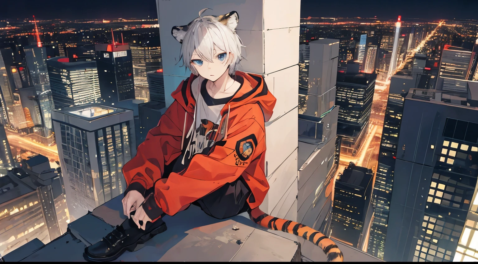 the anime,youth,hood,Blackhead,Blue-eyed,Tiger Ear,tiger tail,city style night street,Sitting on top of a building