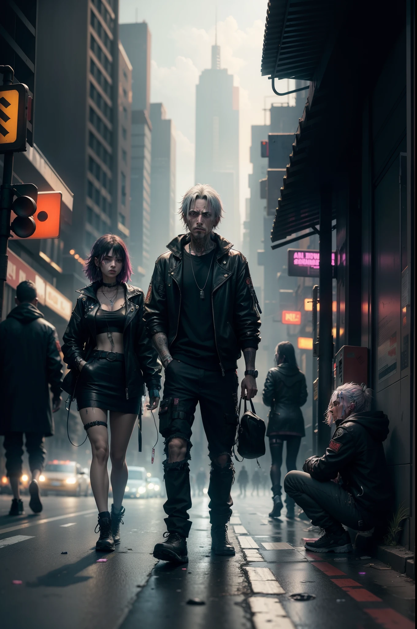 cyberpunk city,  a junkie  is lyning on the road in  pain, prostitutes are  standing  without paying any attention to the dying man