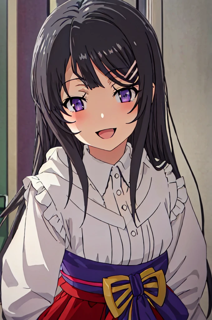 Best Quality, masutepiece, hight resolution, Solo, {sakurajima_touko_Kiyoharu Butaro:1.15}, long_hair, Black_hair, hair_, Purple_Eyes, , 1girl in, Blurry, blush, 鎖骨, shrines, 上半身_Body, Open_Mouth、a smile、kimono