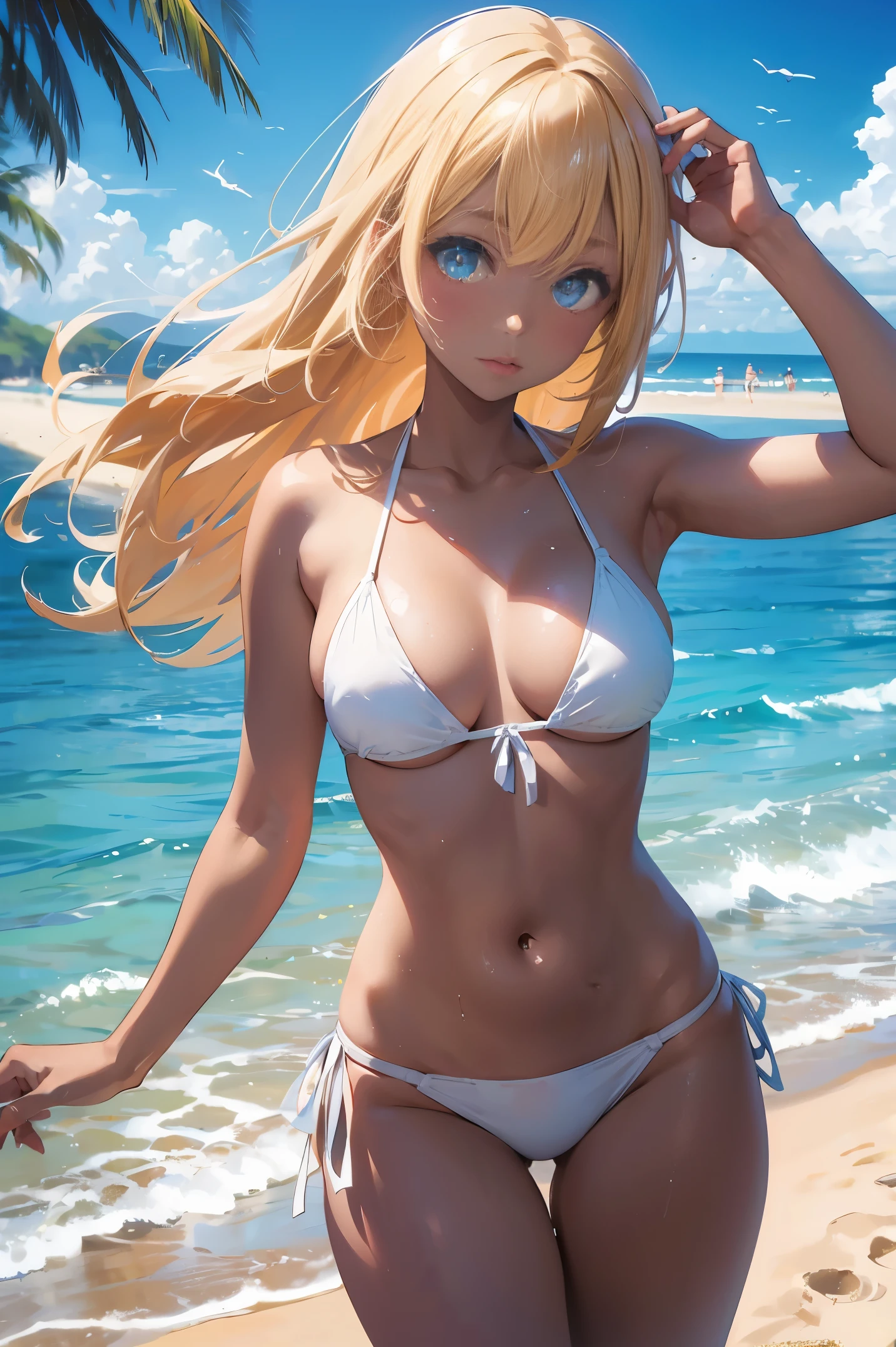 ((Masterpiece)), ((Best Quality)), Ultra High Resolution, HDR, absurderes, 8K, (1 girl), intricate details, ultra-detailed, dramatic lighting, blushing, very happy blue eyes, long blonde hair, ponytail, (white bikini), in a beach, gorgeous girl, large breasts, gorgeous body, glossy skin, vivid colors, full body view, detailed illustration, detail background, shy, feminine, professional artwork, fit thighs, cleavage