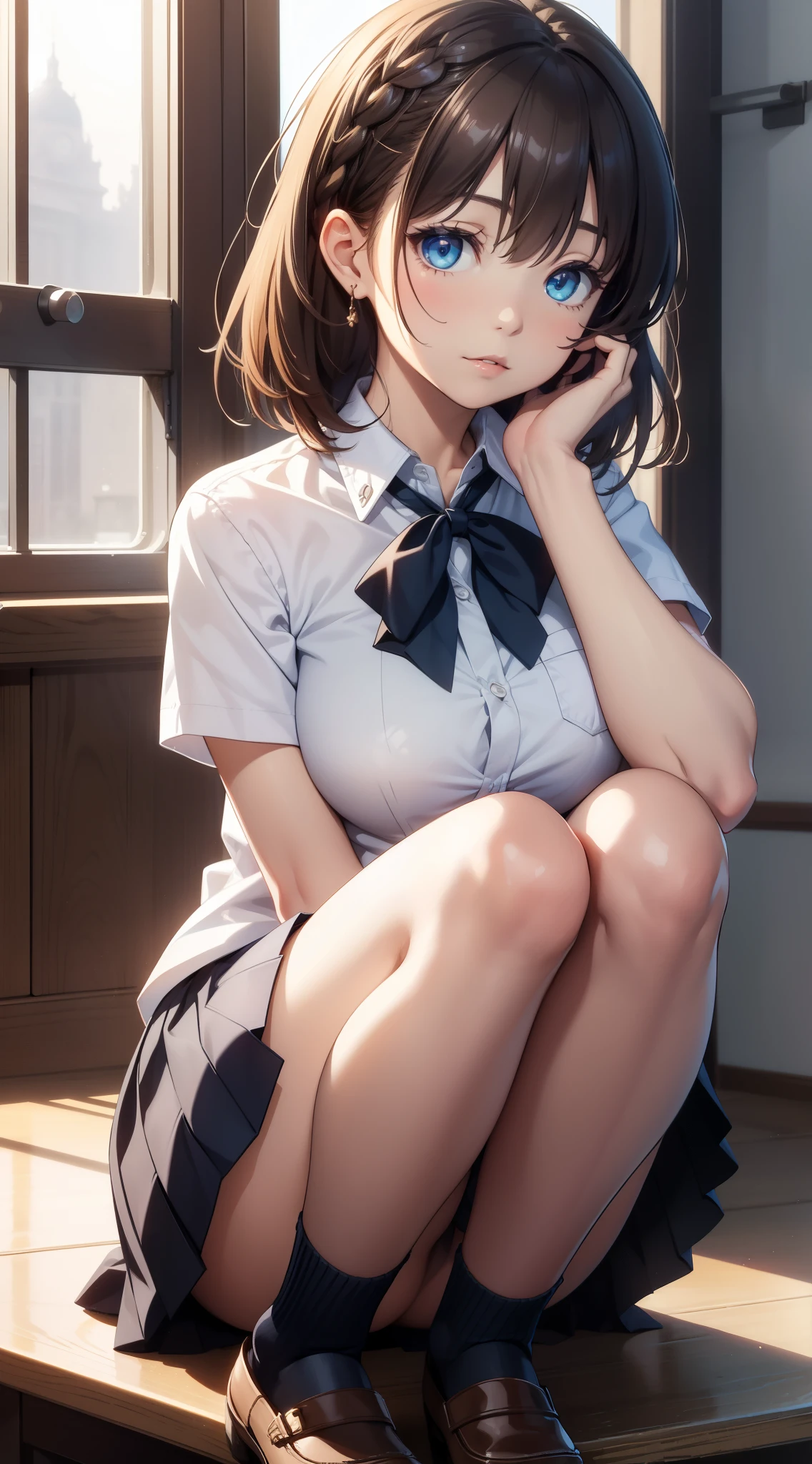 1girl, natural lighting, masterpiece, highly detailed, illustration, game CG, absurdres, high quality, glossy lips, aichan, large breasts, blue eyes, beautiful detailed eyes, short brown hair, side braid, sitting, (knees bent:1.2), school uniform, white blouse, black pleated miniskirt