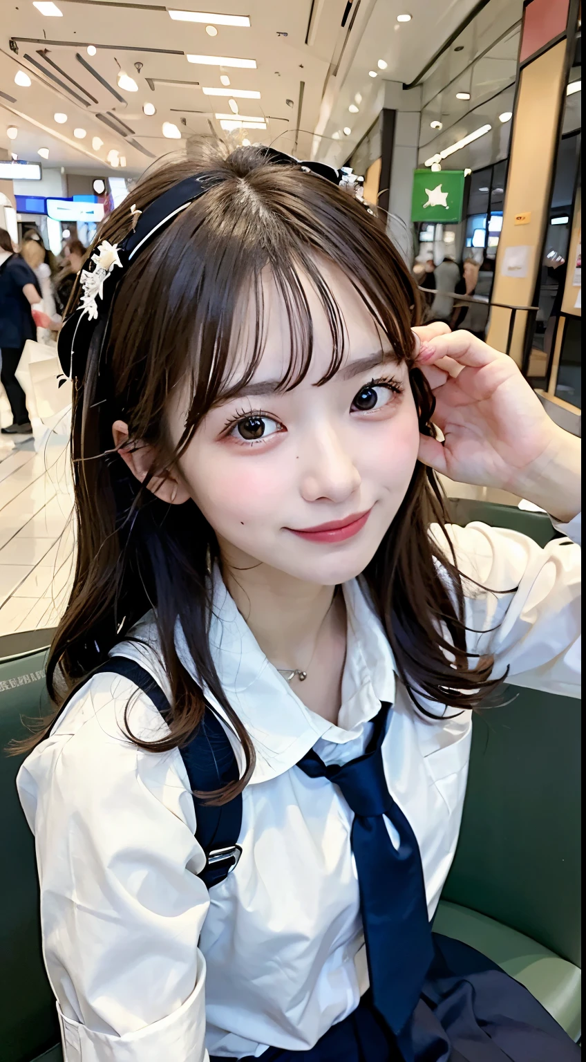 best quality ,(masterpiece:1.4)One woman with a half-twin in a careful posture in a shopping mall, school uniform, smile,