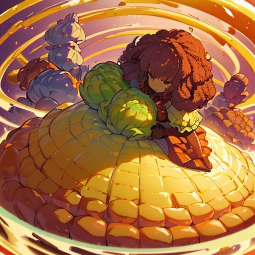 A heavily armored oversized Afro girl in vegetable gold cake armor who serves an oversized vegetable.、Amazing dynamism、Amazing Angle、Unstable buoyancy sandstorm、((((Many friendly red vegetables are closely floating and chasing each other.))))、((surround each other&#39;large white vegetables))、(((Scattered spiral yellow vegetables)))、