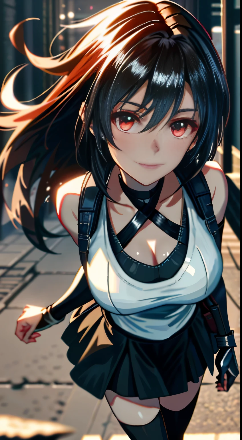 8k，tmasterpiece，bset quality，The large，（1个Giant Breast Girl），Tifa Lockhart，red_eyes，brunette color hair，long whitr hair，profesional lighting，（shiny skins：1.2），shiny big，（（best qualtiy）），tack sharp focus：1.2，Highly Detailed Face and Skin Textur，Detailed eyes，s the perfect face，Perfect body，blur art，CG，Background with，20yo，Mature cool beautiful face，dressed in（（Slip black skirt），black elbow gloves， white taut shirt，upper legs，Gilet blanc），Blushlush，Lively posture，（mittgal），Floating hair，Close-up above the chest，ssmile，cleavage