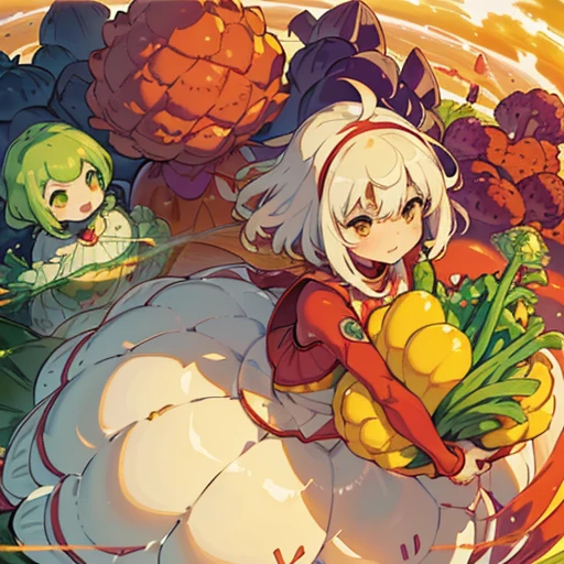 A heavily armored oversized Afro girl in vegetable custard cake armor who serves an oversized vegetable.、Amazing dynamism、Amazing Angle、Unstable buoyancy sandstorm、((((Many friendly red vegetables are closely floating and chasing each other.))))、((surround each other'large white vegetables))、(((Scattered spiral yellow vegetables)))、