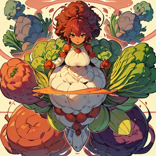 A heavily armored oversized Afro girl in vegetable custard cake armor who serves an oversized vegetable.、Amazing dynamism、Amazing Angle、Unstable buoyancy sandstorm、((((Many friendly red vegetables are closely floating and chasing each other.))))、((surround each other'large white vegetables))、(((Scattered spiral yellow vegetables)))、