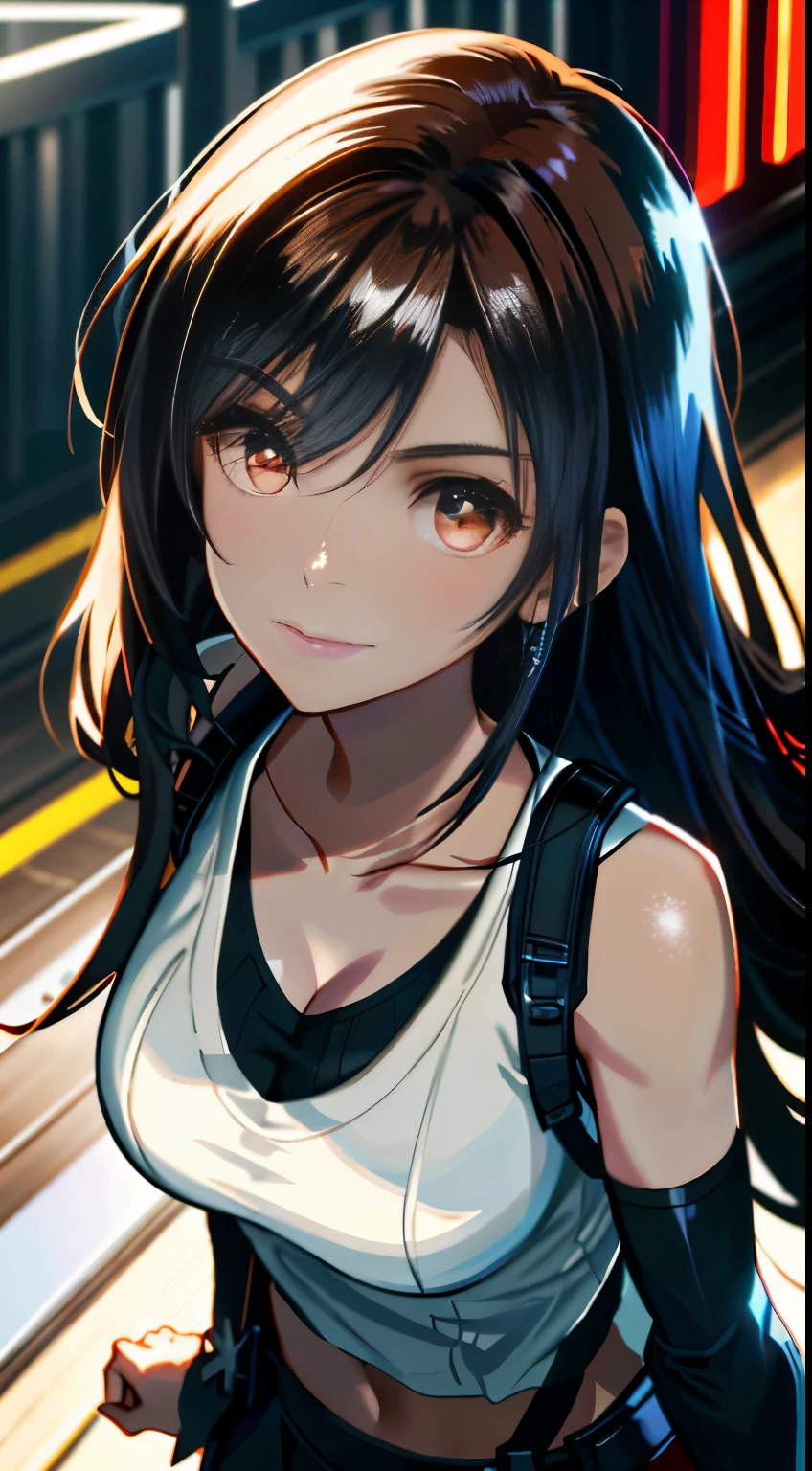 8k,tmasterpiece,bset quality,The large,(1个Giant Breast Girl),Tifa Lockhart,red_eyes,brunette color hair,long whitr hair,profesional lighting,(shiny skins:1.2),shiny big,((best qualtiy)),tack sharp focus:1.2,Highly Detailed Face and Skin Textur,Detailed eyes,s the perfect face,Perfect body,blur art,CG,Background with,20yo,Mature cool beautiful face,dressed in((Slip black skirt),black elbow gloves, white taut shirt,upper legs,Gilet blanc),Blushlush,Lively posture,(mittgal),Floating hair,Close-up above the chest,ssmile,cleavage