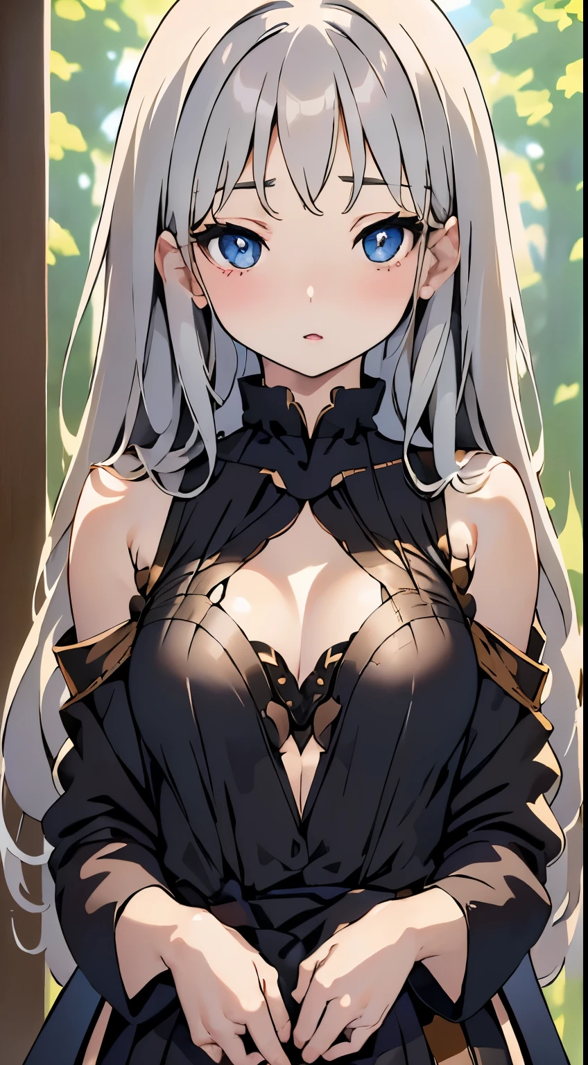 1girl in, Anime, Cute girl, Blank background, White background, Fantasy, detailed dark Fantasy dress with highlights, Beautiful face, Beautiful eyes, dark color, Silver hair, slightly small breast, Slight cleavage, Beautiful skin, Cute, breast curtains, Extremely delicate and beautiful, (beautifull detailed face:1.0), (detailed deep eye), symmetrical breasts, deep eye, Shiny skin, Portrait, Slender waist, hips wider than shoulders, thighs thighs thighs thighs, Age, deadpan