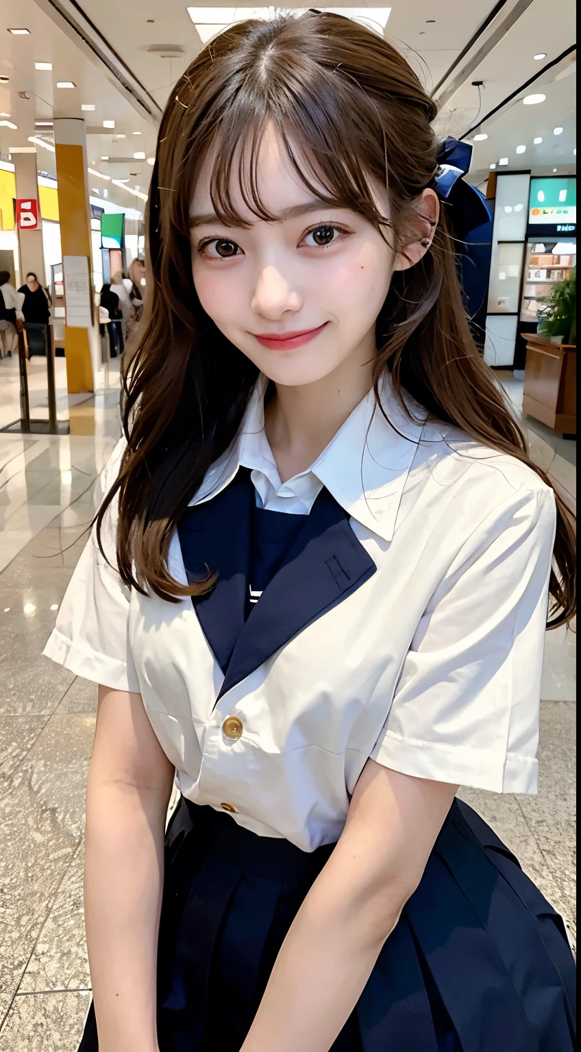 best quality ,(masterpiece:1.4)One woman with a half-twin in a careful posture in a shopping mall, school uniform, smile,