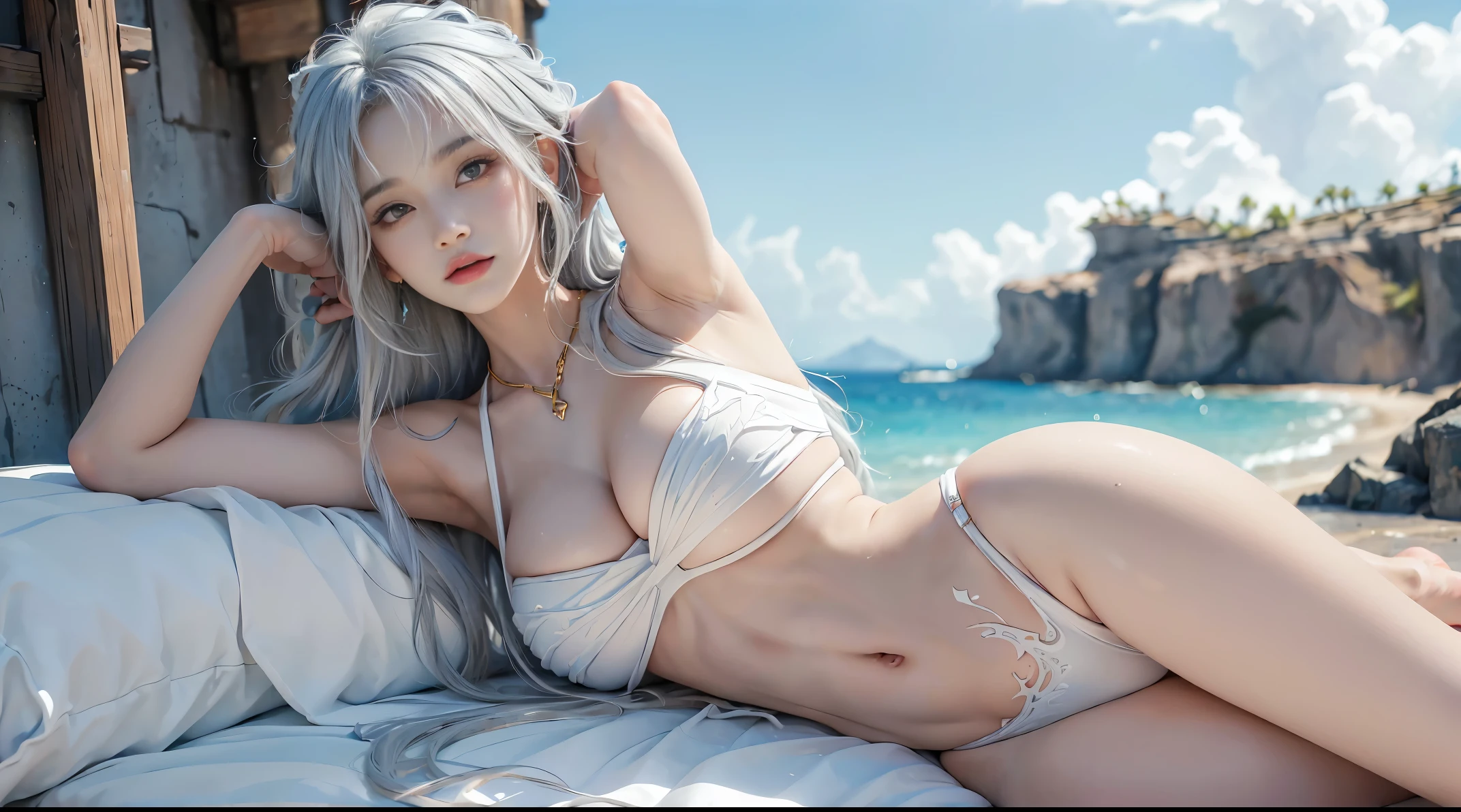 tmasterpiece, hyper-detailing, Complicated details, Beautifully meticulous, Colorful, (Skin glows:1.3), (ldisheveled hair:1.2), detailedbackground, intricate background, A high resolution, Best quality at best, 1 plump girl,(full body ibien,arms stretched wide, Hair color,Long gray hair, micro-curly hair,ldisheveled hair, view the viewer,Put your arms behind your head,Tiny microbikinis,dispel, sexy for,Outdoor sports, (((humongous large breast, The cracks are relatively large, titmouse))), Perfect Finger, Perfect hands, Carmelto, (white skinned,Skin glows, Skin glows), enchanting, sexy for, belly button only, cosmetics, golden, Colorful