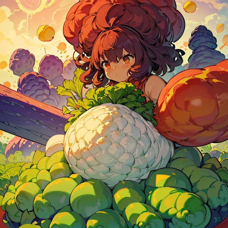 A heavily armored oversized Afro girl in vegetable custard cake armor who serves an oversized vegetable.、Amazing dynamism、Amazing Angle、Unstable buoyancy sandstorm、((((Many friendly red vegetables are closely floating and chasing each other.))))、((surround each other'large white vegetables))、(((Scattered spiral yellow vegetables)))、