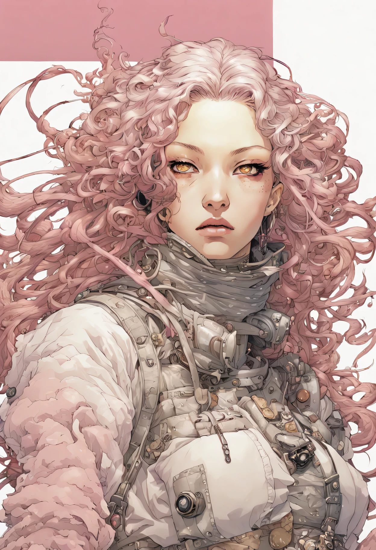 v5lcn, Comic Laemmle, by Katsuya Terada, hard disk, Manga, Show Avatar, (Albino girl with smokey eyes who is lethargic and sleepy, Pink White Long Hair , mesh fishnet blouse), Beautiful coat、Cyberwind、Katsuya Terada STYLE,  Manga, Contrasty, harbour, Full body, dynamic harbour, Mirary Gear, goggles, hoods, by Katsuya Terada, clean, compact,masutepiece、top-quality、