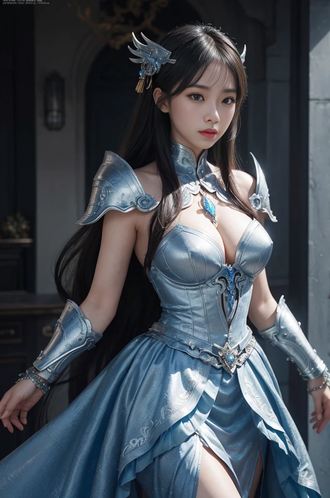 a close up of a woman in a silver and blue dress, chengwei pan on artstation, by Yang J, detailed fantasy art, stunning character art, fanart best artstation, epic exquisite character art, beautiful armor, extremely detailed artgerm, detailed digital anime art, artgerm on artstation pixiv, armor girl