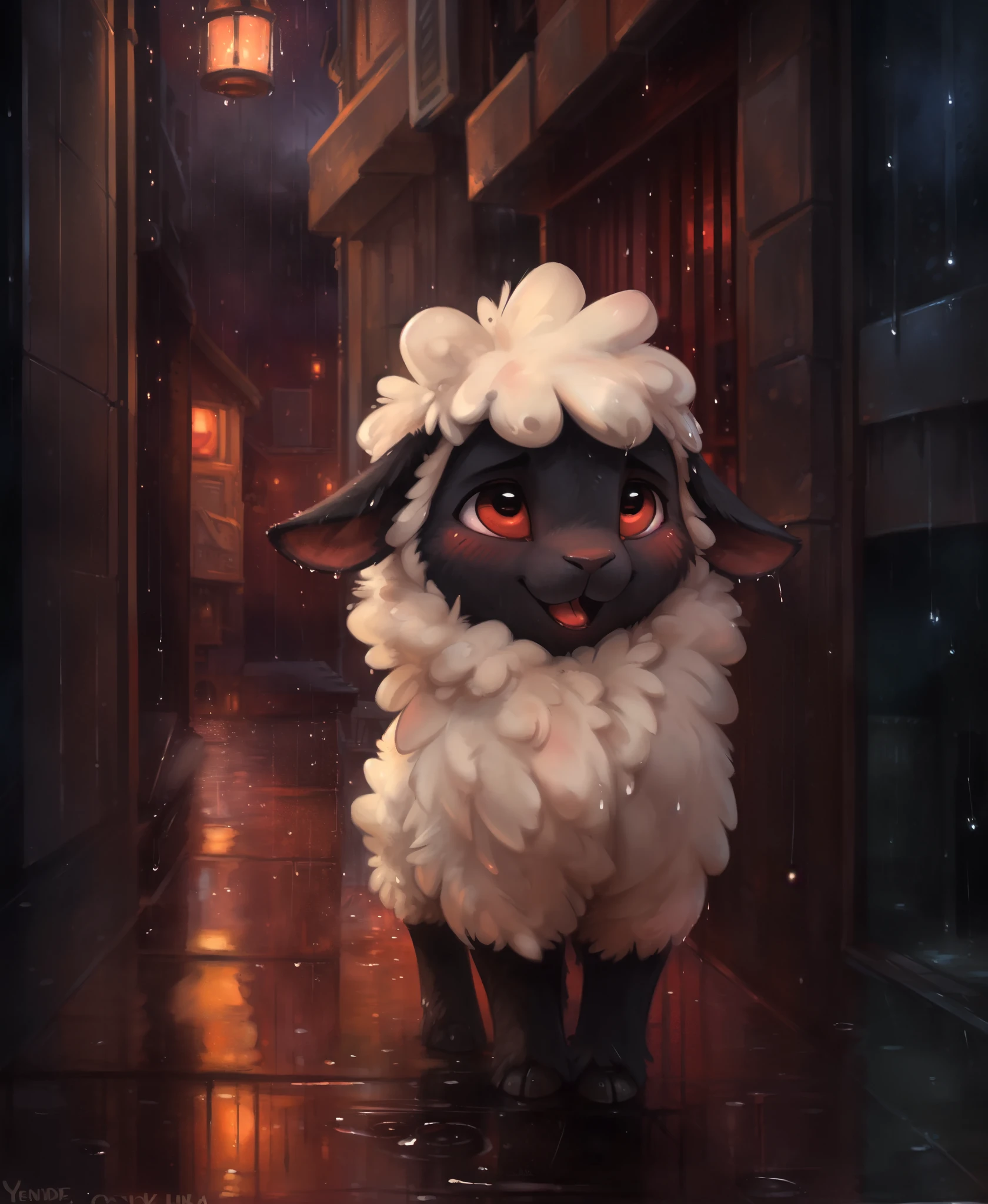 uploaded on e621, ((by Yurusa, by Childe Hassam, by Kenket, by Kyoto Animation)), solo (chibi:1.15) ((sheep (lamult of the lamb\)), black body and white fur,, A cute little sheep in heat, alleyway, night time, raining, red lights, aroused, wet, blushing, ,,