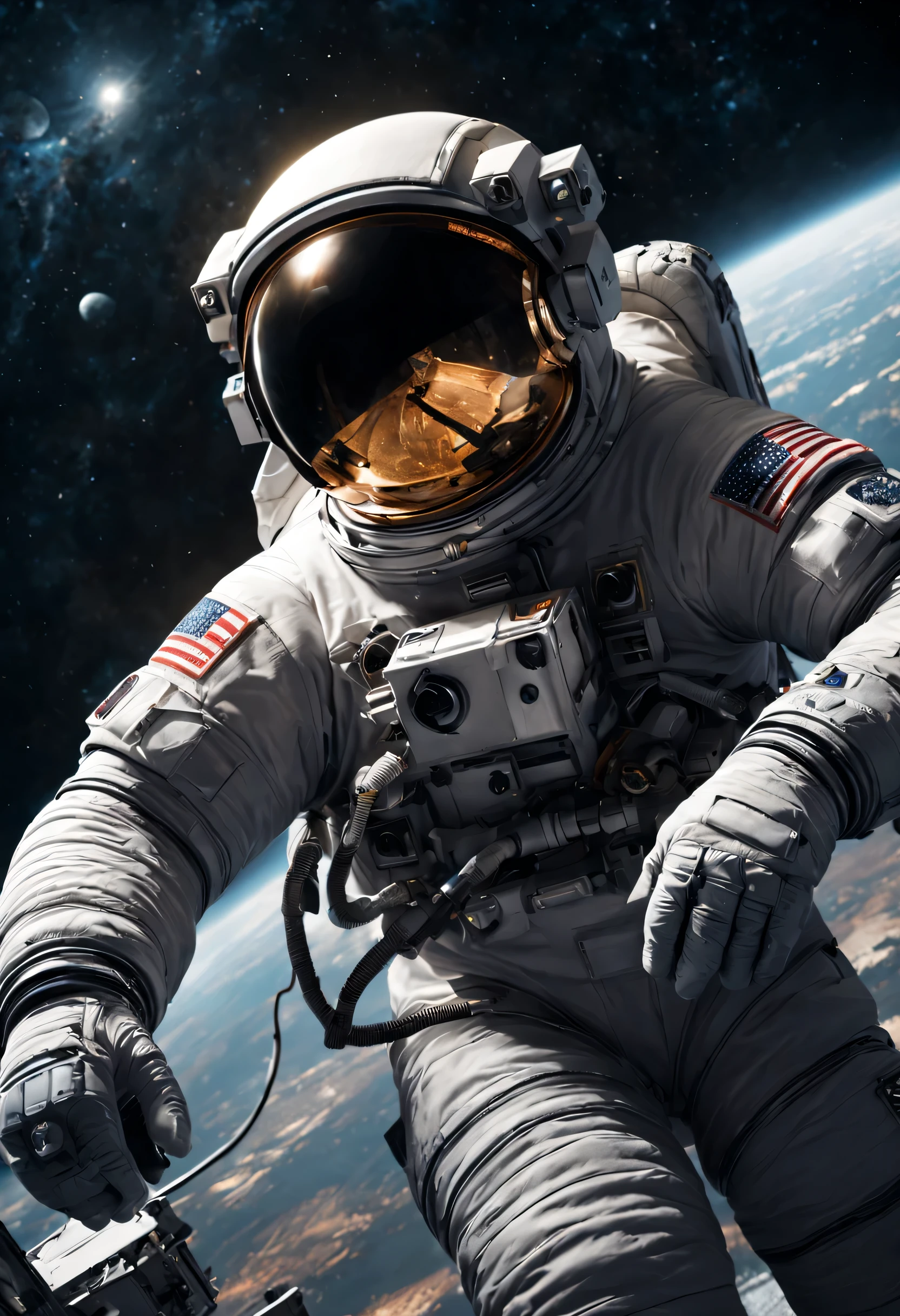 Interstellar Mechanic: A lone astronaut repairs a satellite in the vastness of space, their face illuminated by the glow of their helmet's display. Render the scene in a high-quality masterpiece, capturing the delicate details of their suit, the intricate machinery of the satellite, and the awe-inspiring backdrop of the Milky Way. (Masterpiece, RAW photo, realistic, detailed, best HD detailed, High quality, 32k, Sci-fi setting, dramatic lighting, close-up on astronaut and satellite)