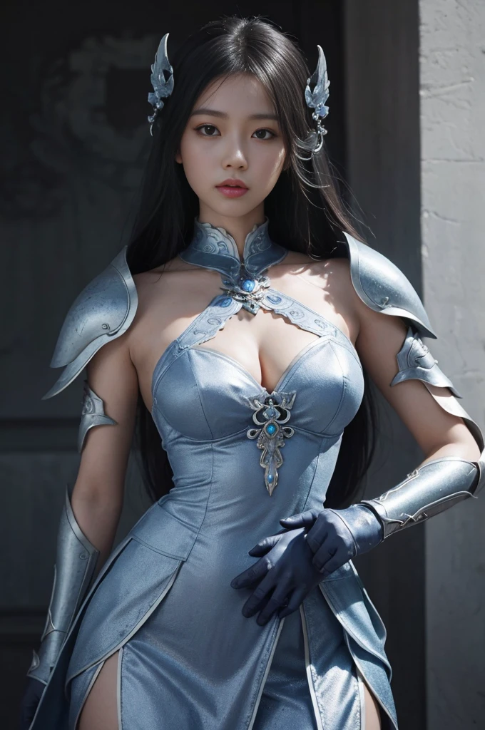 a close up of a woman in a silver and blue dress, chengwei pan on artstation, by Yang J, detailed fantasy art, stunning character art, fanart best artstation, epic exquisite character art, beautiful armor, extremely detailed artgerm, detailed digital anime art, artgerm on artstation pixiv, armor girl