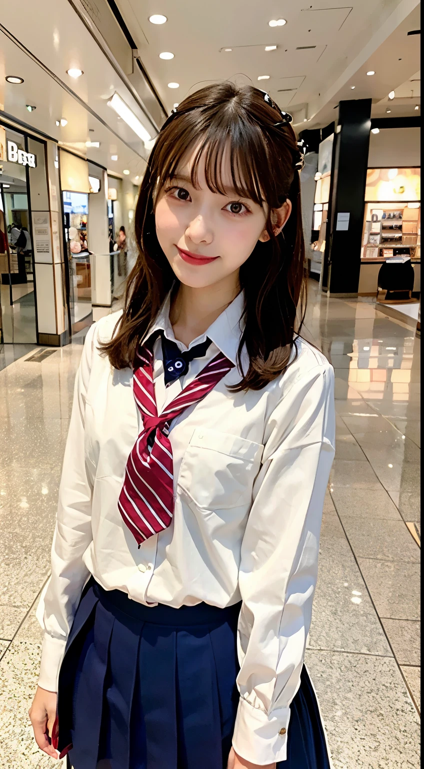 best quality ,(masterpiece:1.4)One woman with a half-twin in a careful posture in a shopping mall, school uniform, smile,