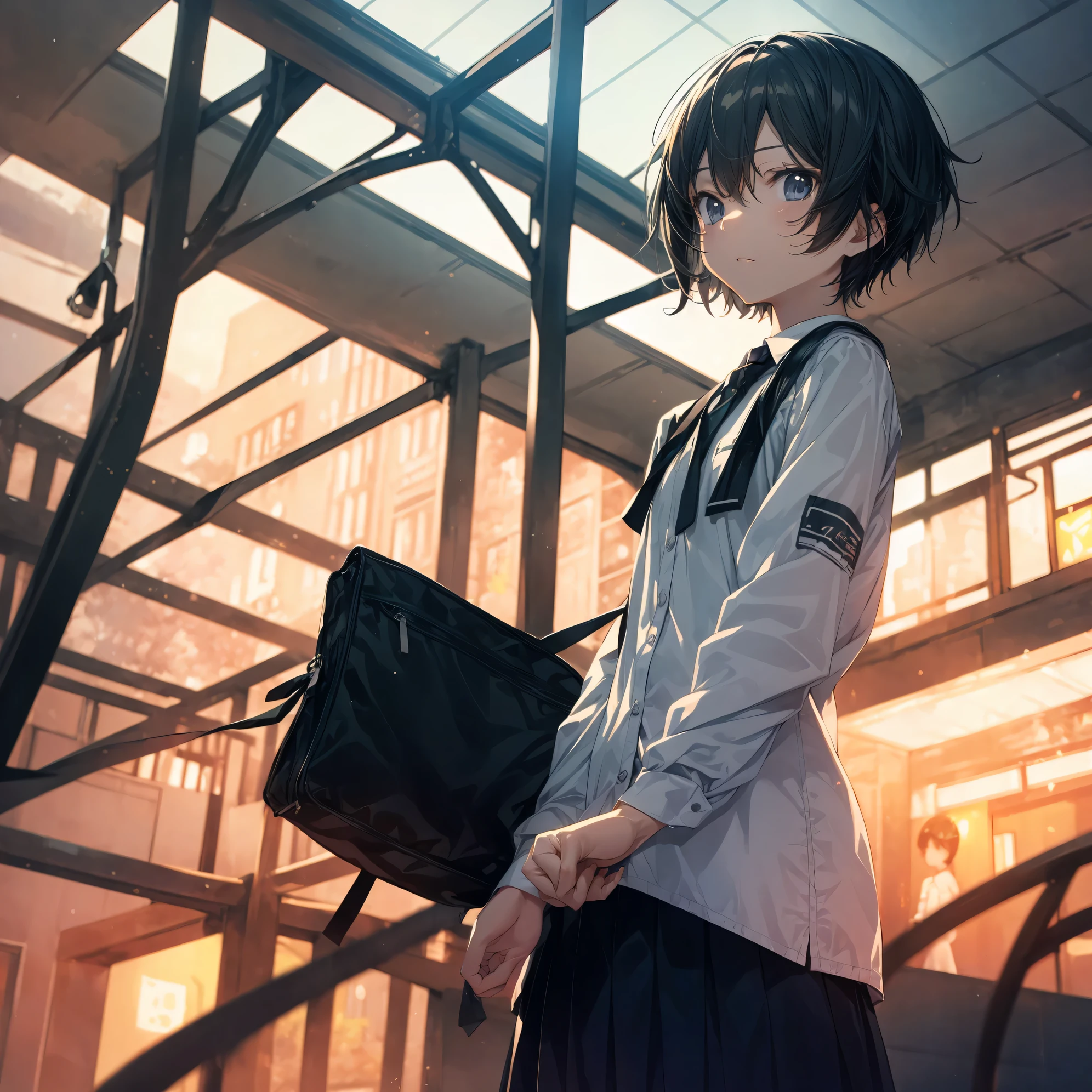 Super high quality by the art god, Ultra-detailed, High resolution, Shinkai Makoto style, anime moe art style, best anime 8K konachan wallpaper, Pixiv Contest Winner, Perfect Anatomy, BREAK,(Please draw a sleepy girl going to school alone.. ),BREAK, a hyperrealistic schoolgirl, (Solo,Lori,child,13years:1.3),Full limbs, complete fingers,a junior high school student, Androgynous attraction, (extra very short hair), hair messy, flat and soft chest, Small butt, groin, Small eyes,Beautiful detailed black eyes, Well-proportioned iris and pupils, disgusted eye, High resolution detailed hair, School uniform, Skirt,  On the way to school. BREAK,Ultra-detailed細なスキン, Best lighting by famous artists, 8K, Illustration,