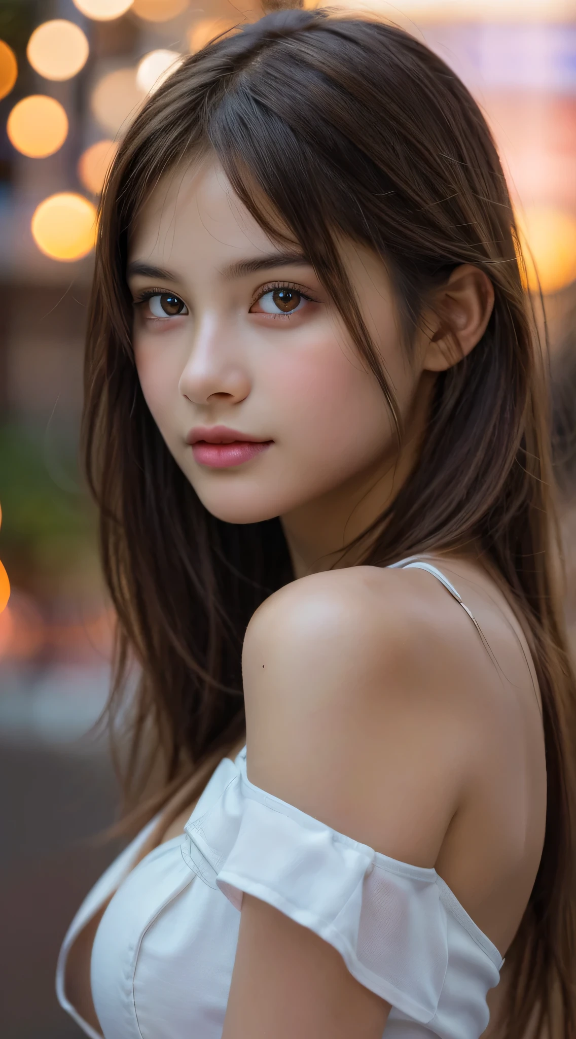 (Best Quality), (Ultra-detailed), (Illustration), (Detailed light), (extremely delicate and beautiful), 1young girls, Brown hair, Brown eyes, modeled, bare shoulders、breastsout:1.2), Best Quality, extremely detailed CG unified 8k wallpaper, High-definition color, Professional, (((Bokeh))), depth of fields, Twilight, Sunset,
