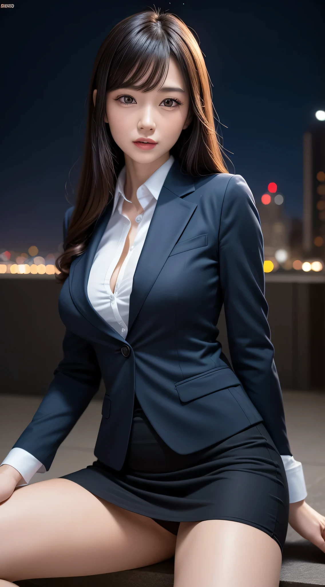 (1girl in), Beautiful, Amazing face and eyes, makeup, (extremely detailed beautiful face), (The sexiest look), (Beautiful big breasts:1.1), (Best Quality:1.4), (Ultra-detailed), (extremely detailed CG unified 8k wallpaper), Highly detailed, RAW Photos, Professional Photography, ((Business Suit)), (Tight skirt), (Business shirt with open), Sitting, (Spread your legs), Outdoors, (Business District, nightcity, illuminations), (nigh sky), depth of fields,