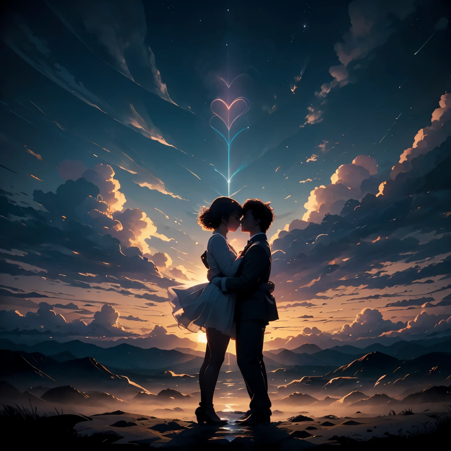 Full body silhouette of a harmonious man and woman with short hair flies up in a stream of light, cloudy landscape,minimalistic, Cuddling, unity, Energy, Love, creation of life, universe