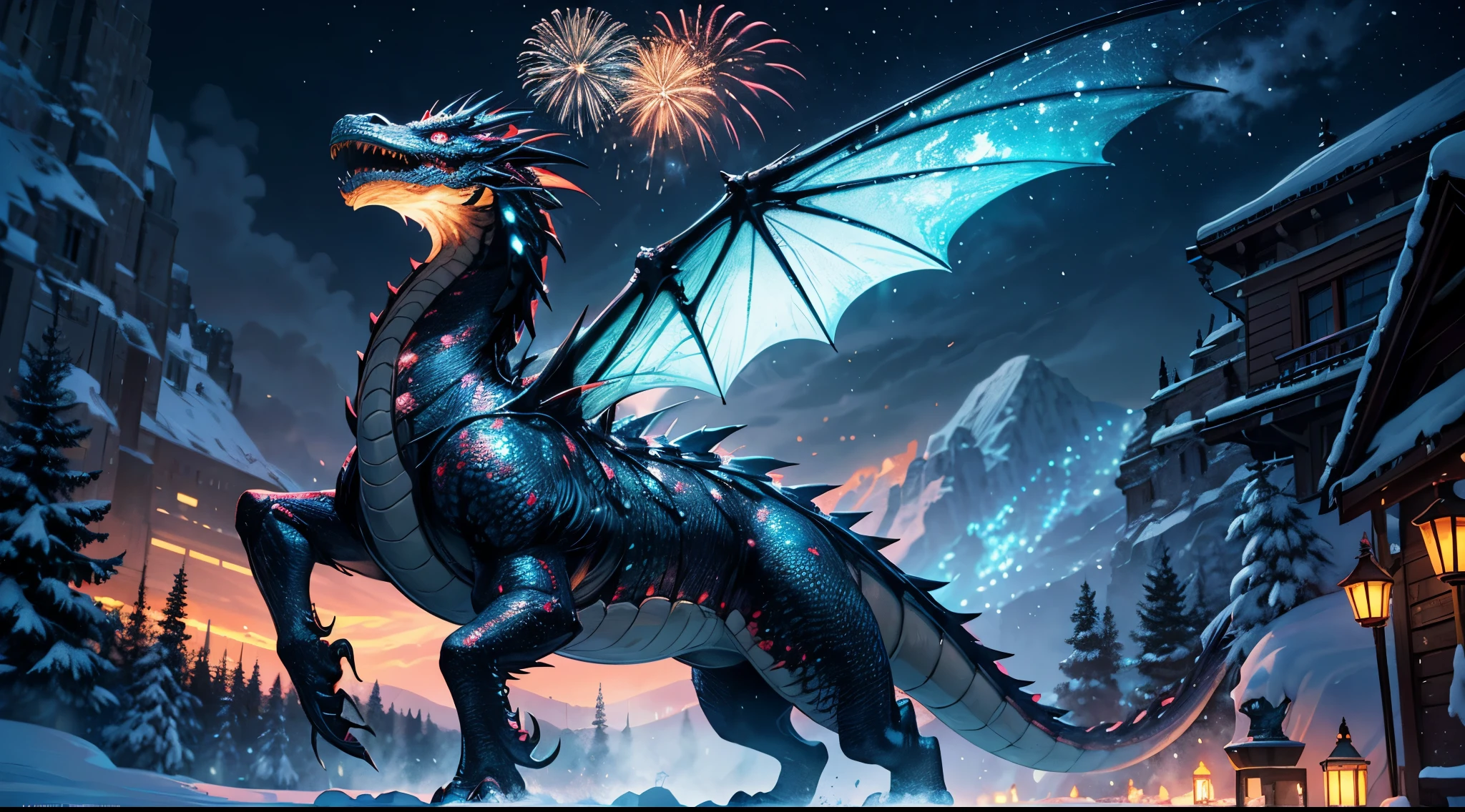 dragons,holiday background,(best quality,4k,8k,highres,masterpiece:1.2),ultra-detailed,(realistic,photorealistic,photo-realistic:1.37),intricate dragon scales and wings,mythical creature,fiery breath, majestic dragon, sparkling eyes, festive atmosphere, vibrant colors, snow-covered landscape, snowflakes falling, magic-filled air, shining dragon scales, enchanting scene, winter wonderland, dragon flying through the sky, snowy mountains, fantastical realm, wonderful escape, holiday cheer, celebration of the new year, joyous festivities, fireworks illuminating the sky, traditional decorations, cultural traditions, mythical guardian, blessing for the new year, mythical beast, auspicious symbol, ancient legend, holiday spirit, magical journey, imagination come alive, fantasy world, mesmerizing beauty, artistic masterpiece.