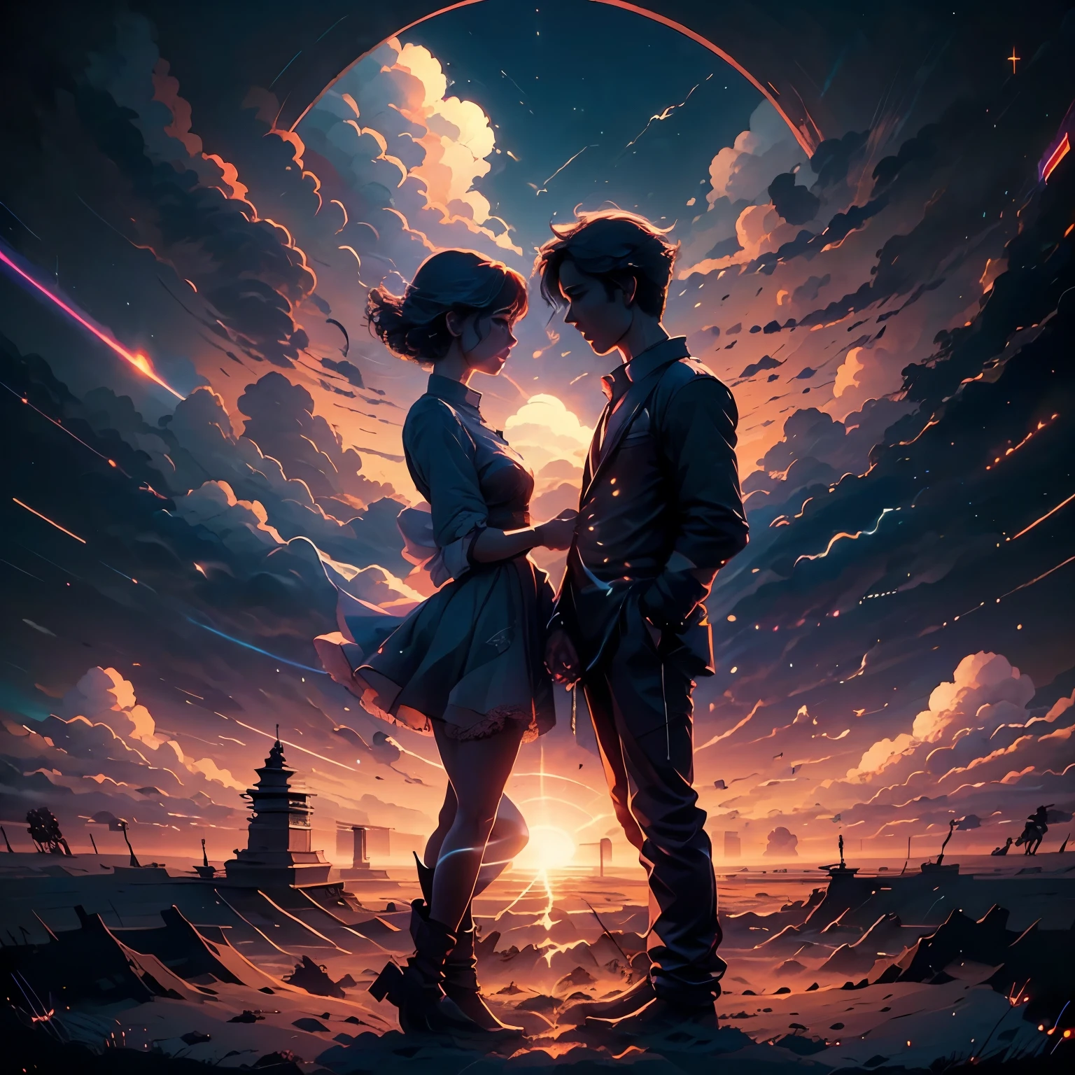 Full body silhouette of a harmony man and woman with short hair fly up in a flow of light, cloudscape,minimalistic, cuddling, unity, energy, Love, creation life, universe