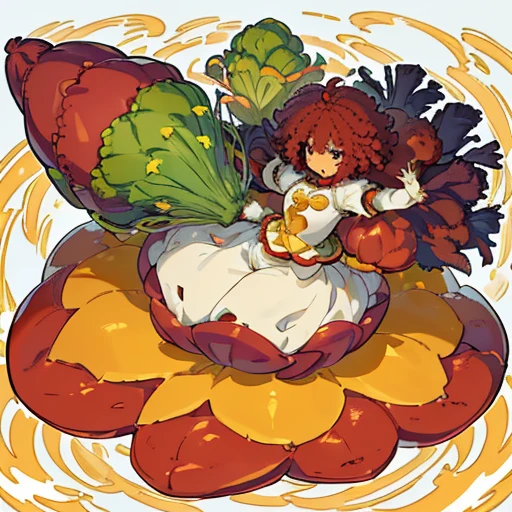 A heavily armored oversized Afro girl in vegetable custard cake armor who serves an oversized vegetable.、Amazing dynamism、Amazing Angle、unstable anti-gravity sandstorm、((((Many friendly red vegetables are closely floating and chasing each other.))))、((surround each other&#39;large white vegetables))、(((Scattered spiral yellow vegetables)))
