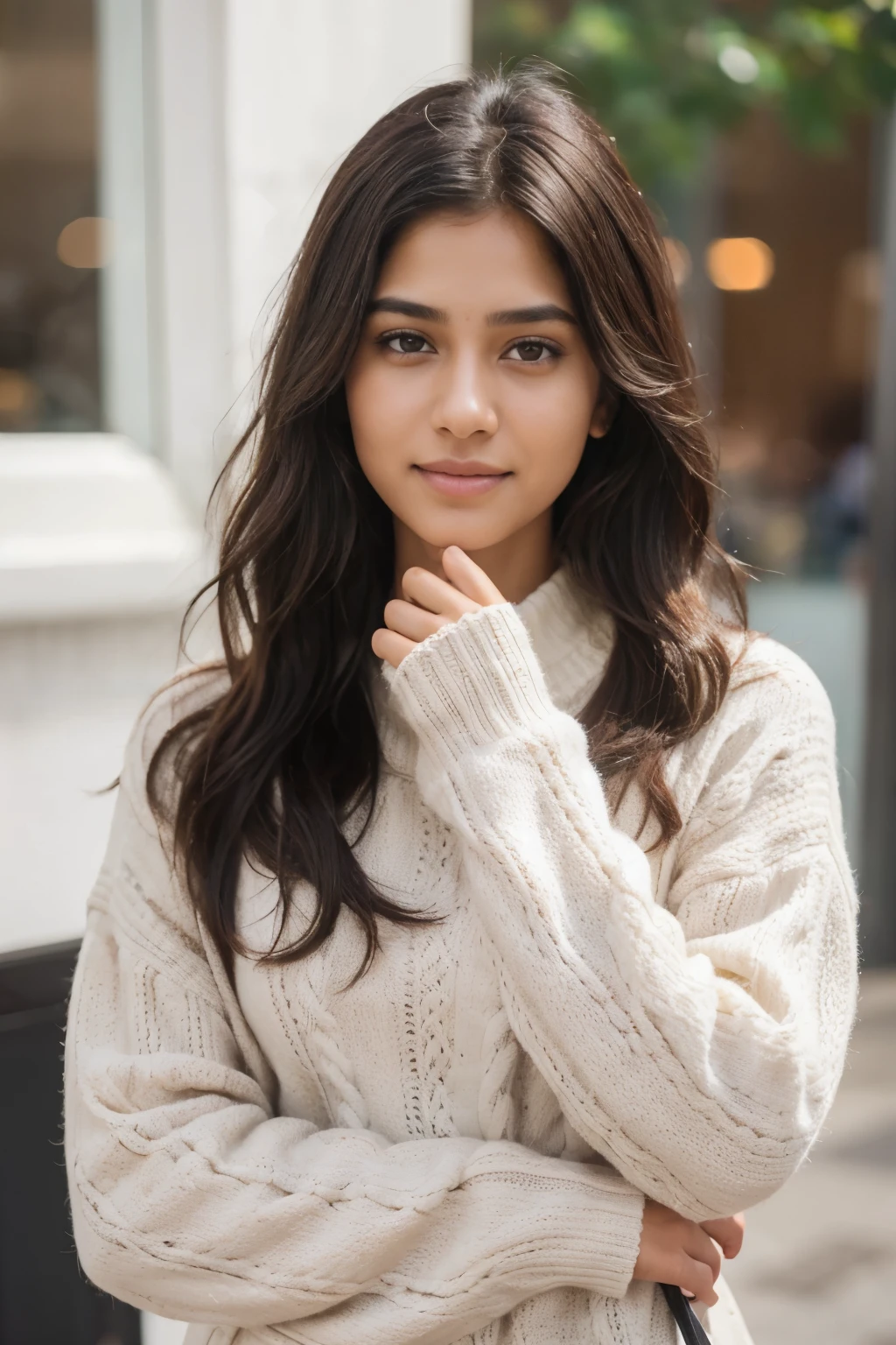Beautiful ,23 years young Indian girl healthy, confidential looking,8k,realistic, raw photo,dark brown hair,fair skin, indian,long hair,clear facial features,, very detailed, 23years old, innocent face, natural wavy hair, high resolution, masterpiece, best quality, intricate details, highly detailed, sharp focus, detailed skin, realistic skin texture, texture, detailed eyes, professional, 4k, charming smile, shot on Canon, 85mm, shallow depth of field, kodak vision color, perfect fit body, extremely detailed, foto_\(ultra\), photorealistic, realistic, post-processing, maximum detail, roughness, real life, ultra realistic, photorealism, photography, 8k uhd, photography wearing Cable knit sweater dress, scrunchie wristlet, touching hair|Gentle smile|cafe window