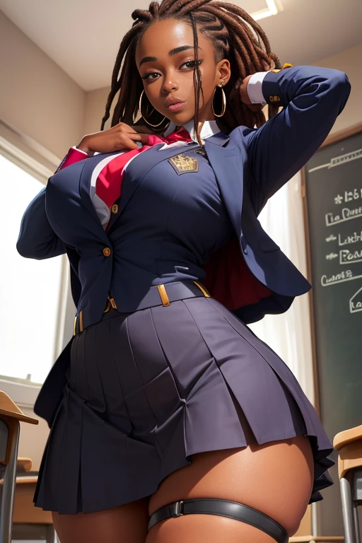(1fille), dark-skinned_Female__avec_noir_dreadlocks, school_uniform, gros seins, leS yeux alignéS, Des yeux brillants, Corps voluptueux, peau en sueur, gros cul, ABS, skirt, NSFW