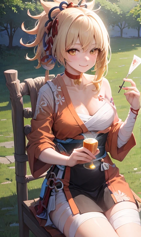 1girl,cowboy shot,sitting,chair, fireworks,evening,joy,origen,
