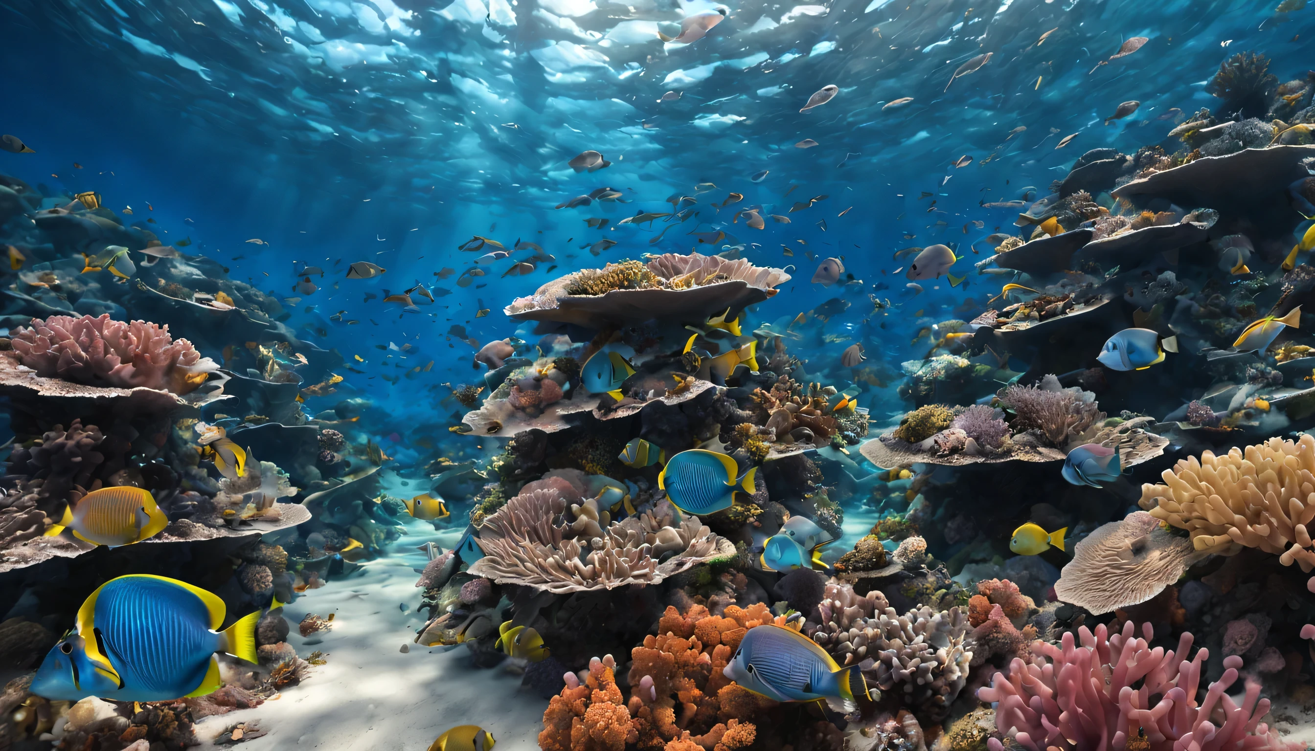 Underwater Sanctuary: A school of vibrant fish swims through a coral reef, their scales shimmering with iridescent colors. Render the scene in a RAW, high-quality masterpiece, capturing the delicate details of the coral, the intricate patterns of the fish, and the crystal-clear waters surrounding them. (Masterpiece, RAW photo, realistic, detailed, best HD detailed, High quality, 32k, Underwater setting, natural light, wide-angle shot)