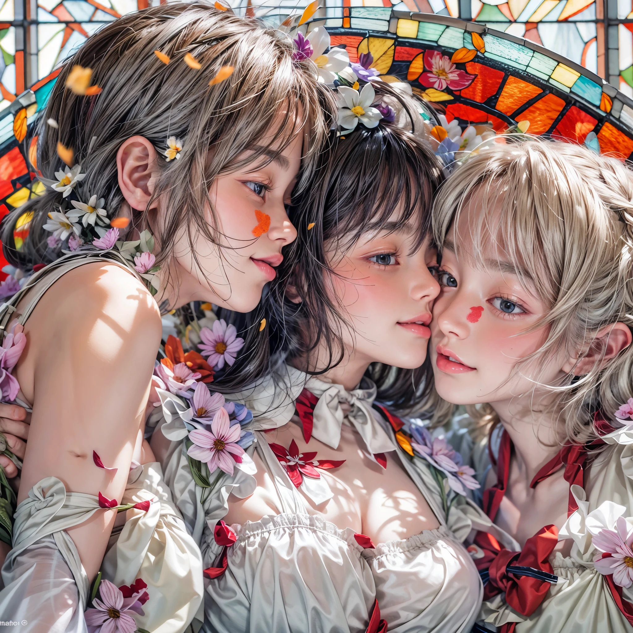 (Kissing face to face, White and Red, Acutance:0.8), Masterpiece, realistic, (photorealistic:1.37) with touch of rawness. A group of KAWAII girls in opened uniform . (extremely detailed KAWAII face variations, joyful expression variations), { Navel | pretty Ass | Overflowing sideboob | (White panties) with blood only in crotch area | (full of Flowers covering girl's body) | (Colorful Light shines through Dazzling stained glass with delicate details:1.2) | Light Particle } . (Exposed:1.2), ((nipple:-0.9)), (not Detailed fingers:-0.9) .