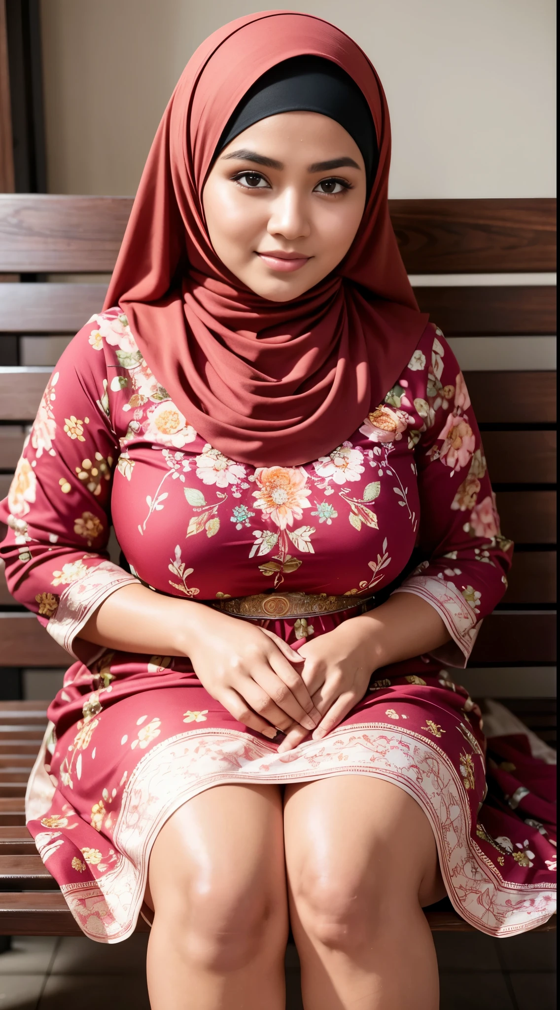 (Close up),RAW, Best quality, high resolution, masterpiece: 1.3), Beautiful Malay woman in hijab,Karya, fit body, big breast,sthick thighs,big beautiful eyes, Soft smile, beautiful face, muslim close up of a woman in a red dress sitting on a wooden bench, wearing a long flowery dress, inspired by Nazmi Ziya Güran, inspired by Naza, wearing pink floral gown, red floral dress, inspired by Mym Tuma, flowery dress, idian dress, inspired by reyna rochin, full covered dress , very beautiful enga style , Great lighting, Bright colors, Clean lines