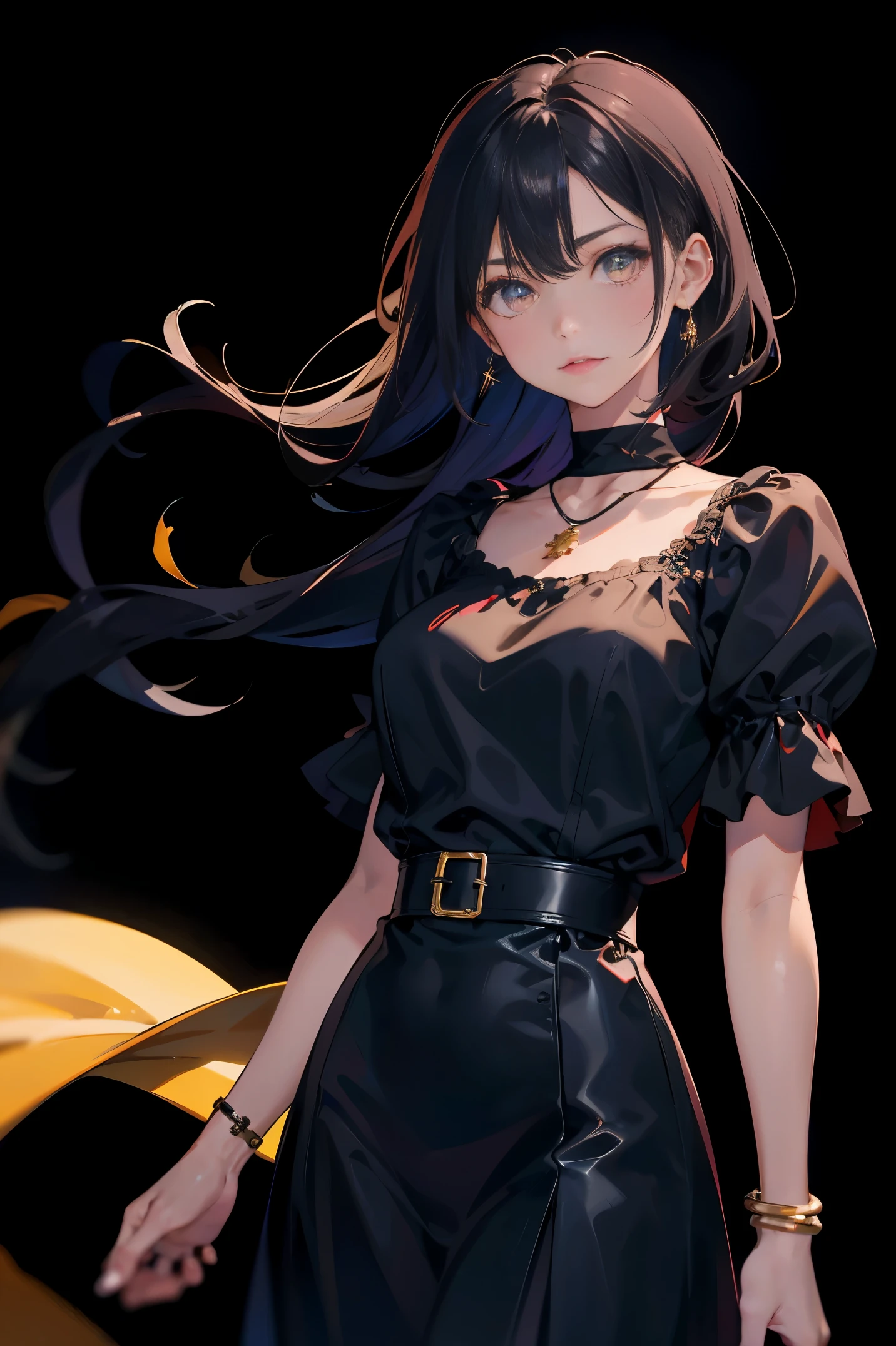 a 20 yo woman、Black blue Hair、poneyTail、(hi-top fade:1.3)、dark themed、Muted Tones、Subdued Color、highly contrast、(natural skin textures、Hyper-Realism、Soft light、sharp)、makeup, mascara, Lips are subdued or colors, simple black background, Minimalism, monotone, simple color palettes, Clean, sharp designs, flowing silhouettes, Tight skirts and pants, high-waisted skirts and pants, simple dresses, shirts and blouses, asymmetrical, geometric, Elegant and luxurious materials and designs, Simple, minimal accessories, Slim necklaces and rings in silver or gold, Simple bangles, Distinctive designs, simple silhouettes, simple and sophisticated style, elegance, minimalism, high quality materials, cool and urban impression, high fashion, simplicity and sophistication,Santa Costumes、Christmas、Christmas cosplay、The background is a Christmas tree、
