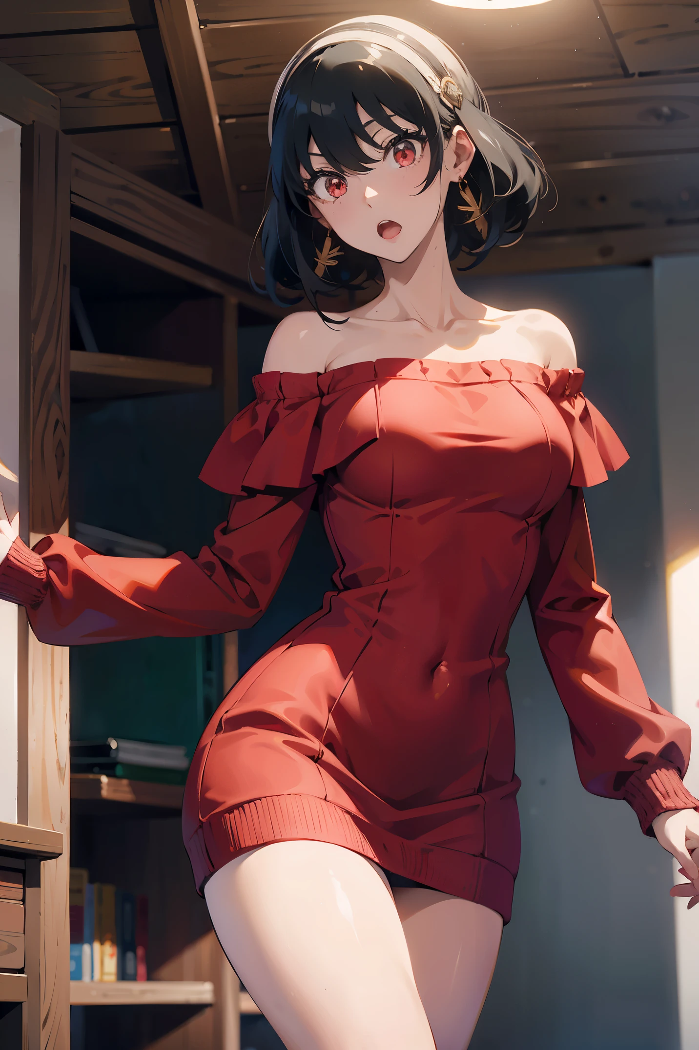 masutepiece, Yor, 1girl in, Solo, Looking at Viewer, Open mouth, Black hair, Red Eyes, Dress, Bare shoulders, Jewelry, 鎖骨, side locks, shairband, earrings, Indoors, off shoulders, :o, Sweaters, arms behind back, plant, short hair with long locks, white hairband, Off shoulder dress, sweater dress, off-the-shoulder sweater, Red Sweater, large side hair, Very long side hair,