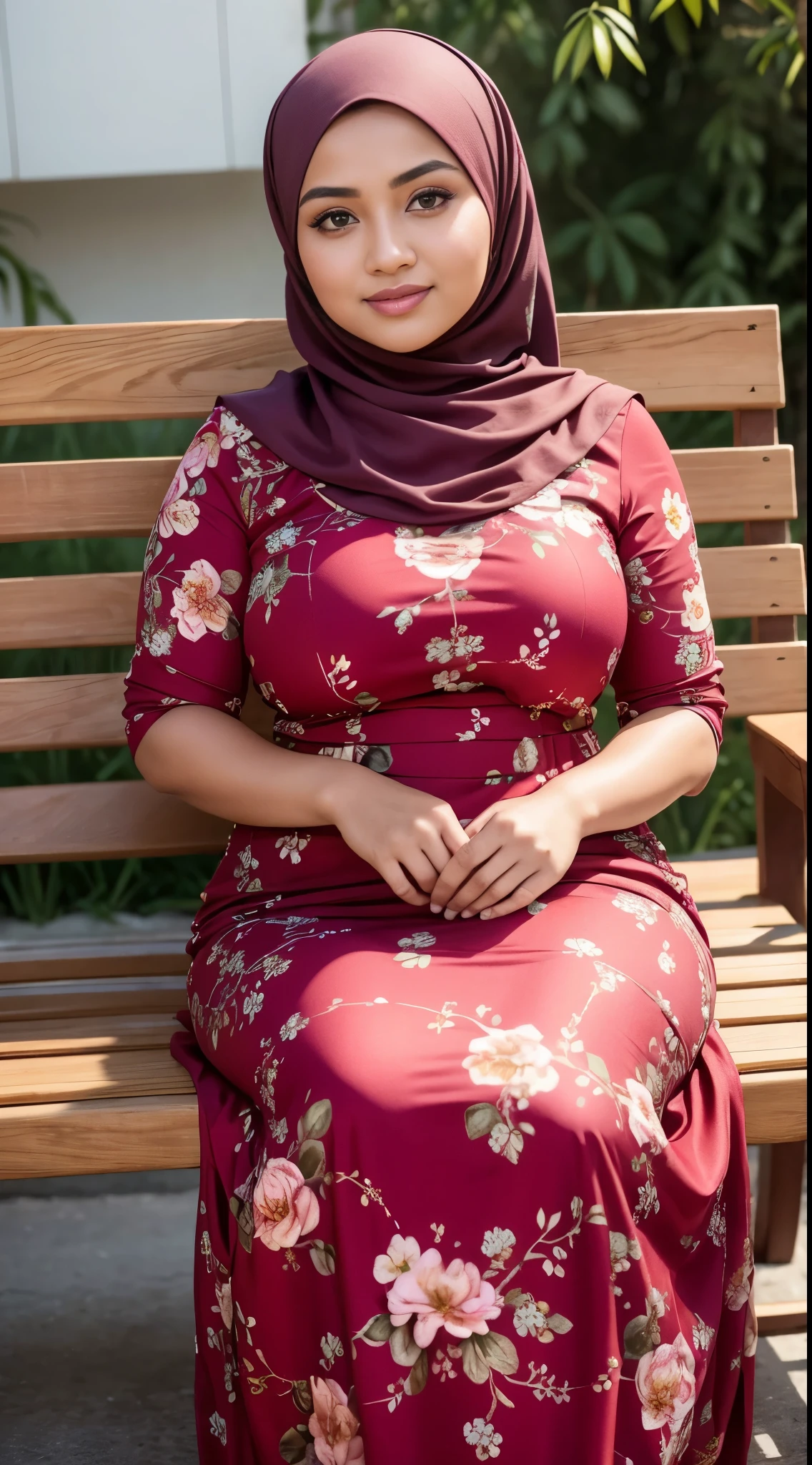 RAW, Best quality, high resolution, masterpiece: 1.3), beautiful Malay woman in hijab :0.8), beautifull face, perfect fit body, big eyes, glossy lips,big breast, woman sitting against brick wall in bright color blouse and long floral skirt, amazing masterpiece, in flower garden, very attractive pose, she is about 2 5 years old, beautiful woman, beautiful, very beautiful, sitting, beautiful malay woman