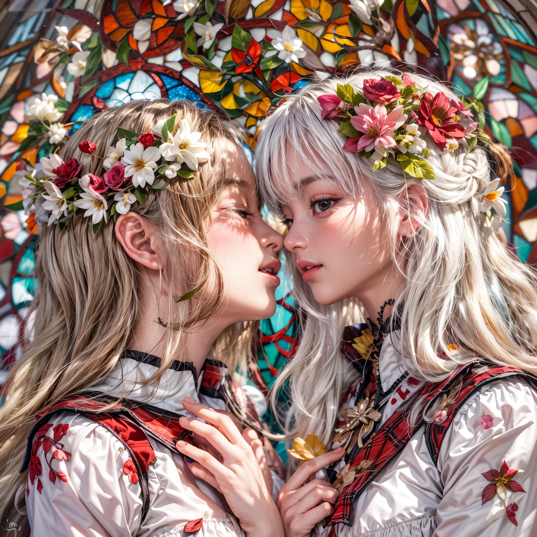 (NSFW:-0.98) . White and Red, (Dazzling colorful light pours down and reflects:1.2), (Physically-based Rendering with incredible detailed Textures), Award-winning Masterpiece of professional Analogue photograpy, Hasselblad Open aperture, (((Realistic and Photorealistic:1.37))), (((Acutance:0.85), { from below | from side } )) . ((A group photo of many KAWAII girls in ()) with visible Overflowing Cleavage) and Navel without bra . (((Extremely detailed KAWAII face variations)) with joyful expressions), { Detailed natural eyes with sparkling highlights and long eyelashes | Rosy cheeks | Navel | (pretty Ass) | (Overflowing underboob) | Oiled ivory skin Details | White panties with (blood seeping only in crotch area) | ((full of Flowers covering girl's body:1.15)) | (((Dazzling colorful stained glass with stunning elaborate details:1.2))) | Mystic sight | A Halo ling in the air | God rays | Haze | Lens flare | Luminescent particles | Kissing face to face } . Ultra-detailed, (Exposed:0.8), (((Nipple:-0.9))) .
