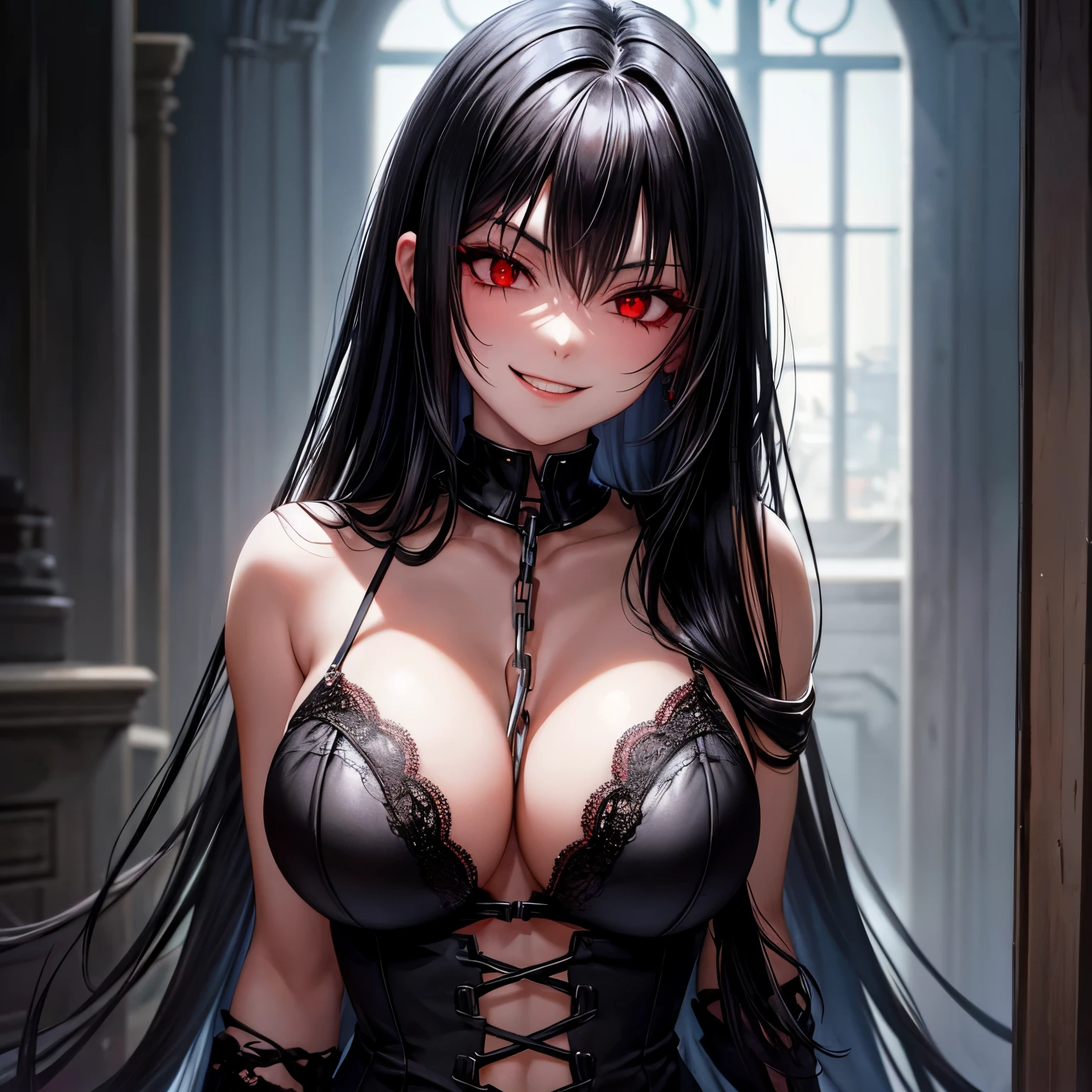Black hair, red eyes, large breasts, dungeon setting, arms chained behind back, black lace lingerie, evil smile