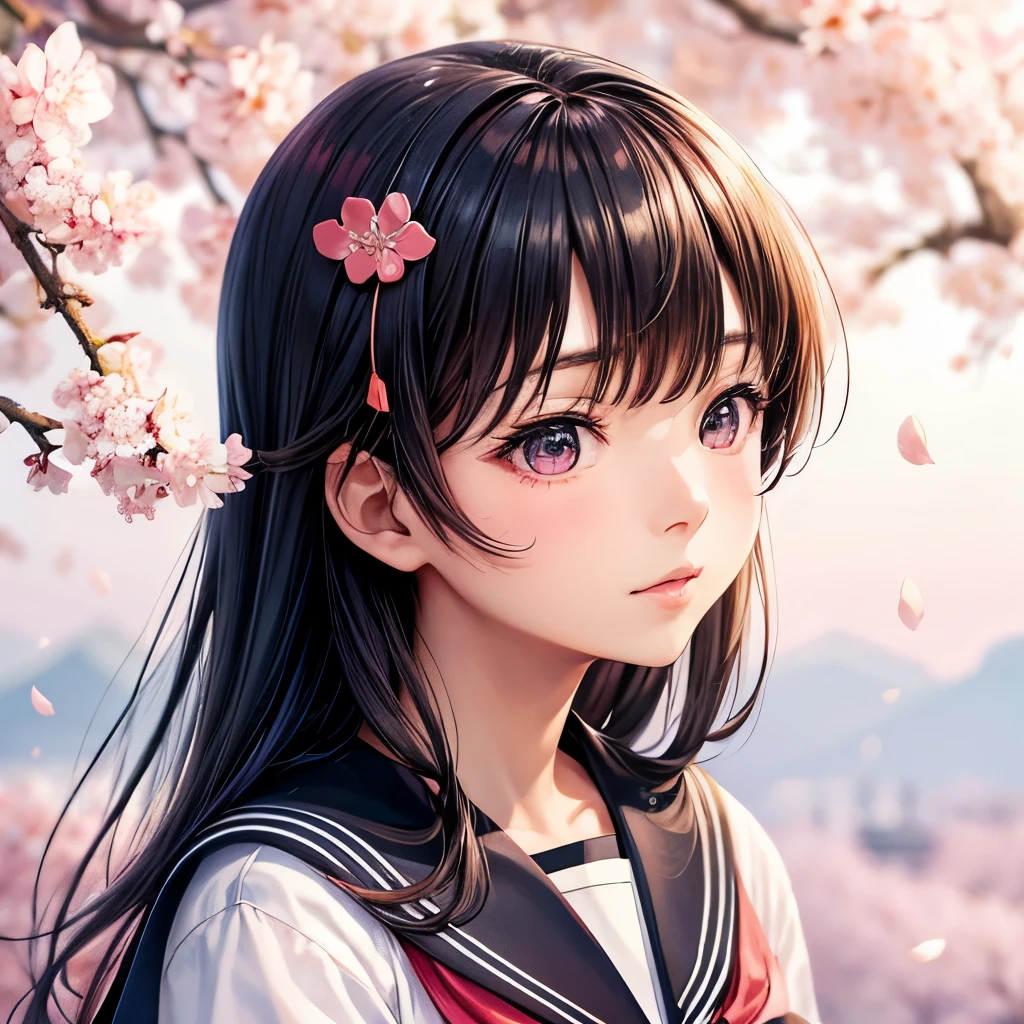 Japanese girl, high school uniform, seifuku, dreamy colors, sentimental style, cherry blossoms, modest clothes, realistic face