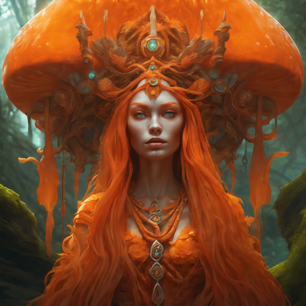 orange mushroom queen, cyberpunk dramatic light, orange glow, flowing robes, sparkling orange jewellery, perfect milky white skin, epic long hair, fluorescent orange, redhead, concept art by jesper ejsing, mushroom crown, orange fiery tulle fabric, detailed matte fantasy painting, overgrown with moss, cave, Aztec fantasy, land of oz, soft mayan queen